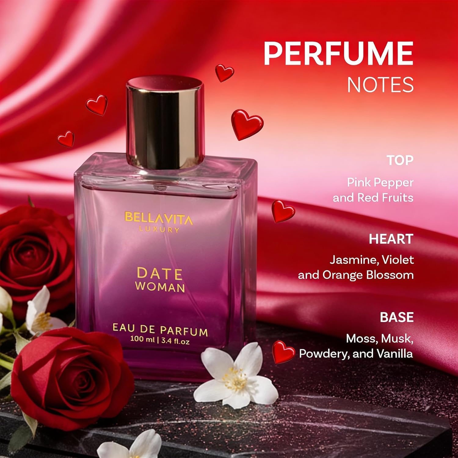 Bella Vita Luxury Date Perfume for Women | Eau De Parfum for Women | Pink Pepper, Red Fruit & Jasmine | Fruity and Floral Long-Lasting EDP Fragrance | 3.34 Fl.Oz| Best Gift For Valentine's Day - Image 2