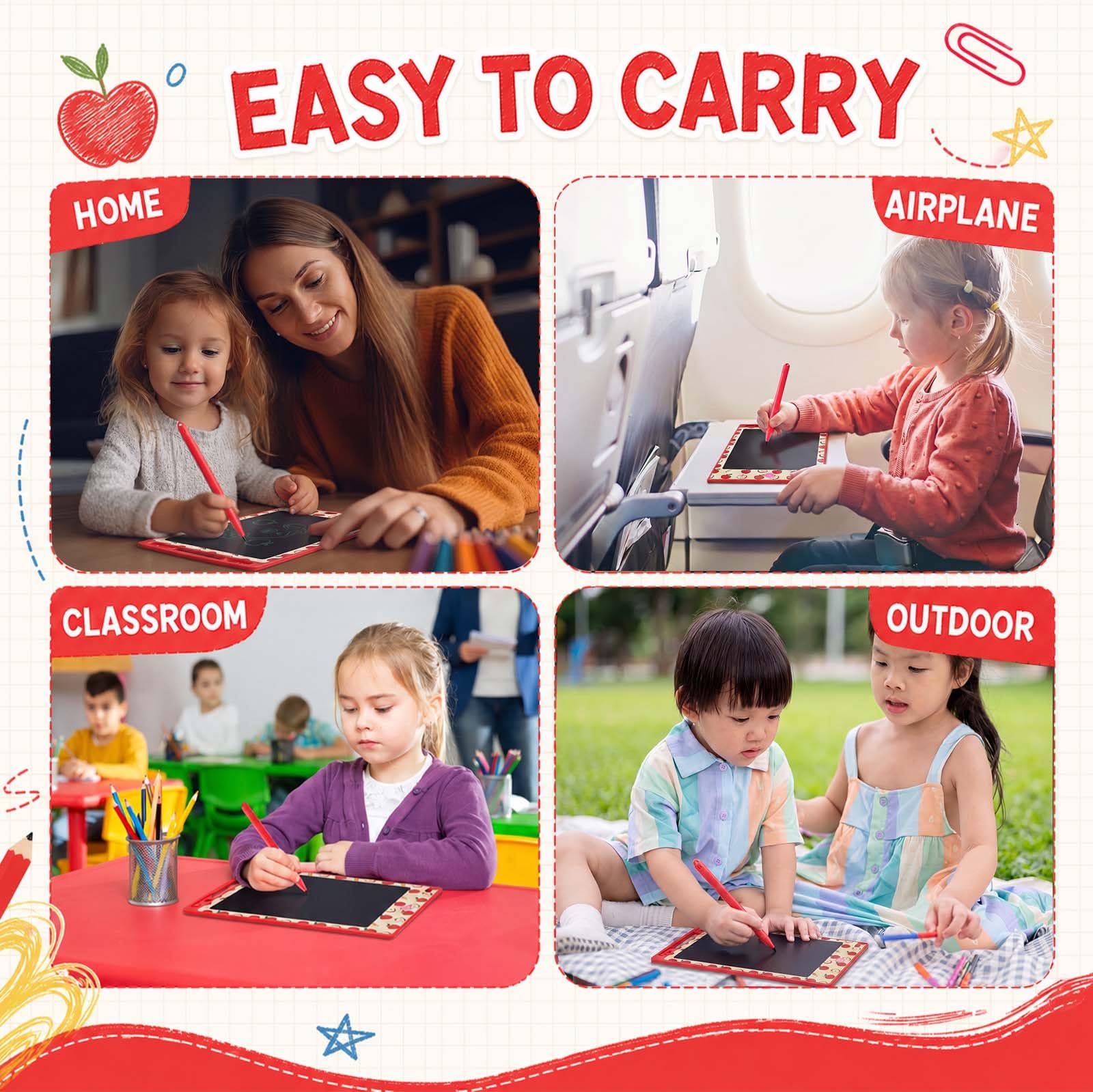 Zonon LCD-Schreibtablett für Kinder, 21,6 cm, wiederverwendbar, Doodle Board, löschbare Zeichenblöcke mit Apfel- und Bleistift-Muster, pädagogische Geschenke für Partygeschenke, 12 Stück