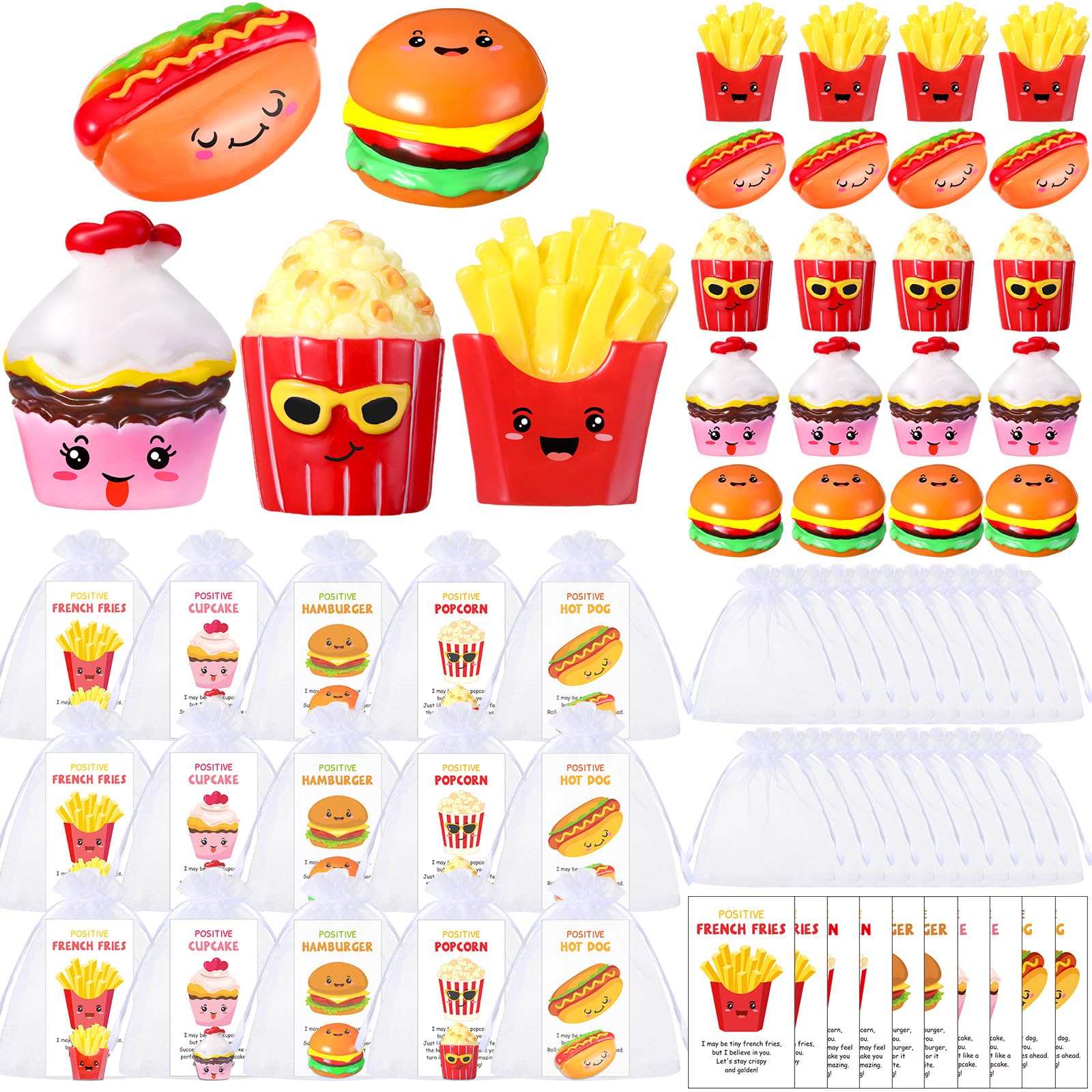 CroBlissful 30 Sets Mini Food Resin Staff Appreciation Gifts for Coworker Bulk Funny Fast Food Figurines with Inspirational Card Bag Positive Work