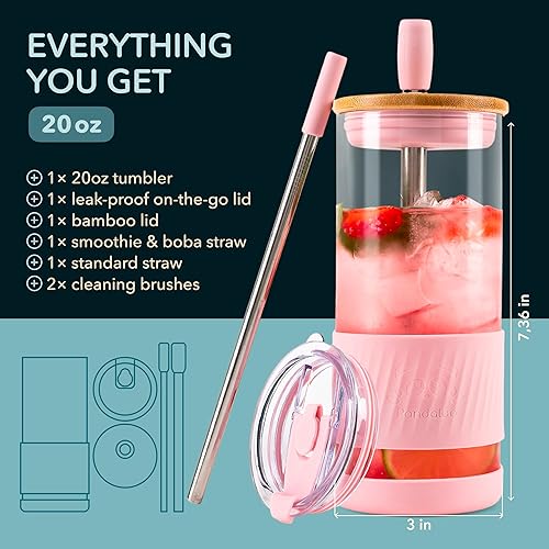 Miniatura 2 de Pandaloo Tazas de vidrio con tapas y popotes - 20 Fl Oz - Tamaño perfecto para taza de café helado - Taza de batido con tapa de bambú y tapa para