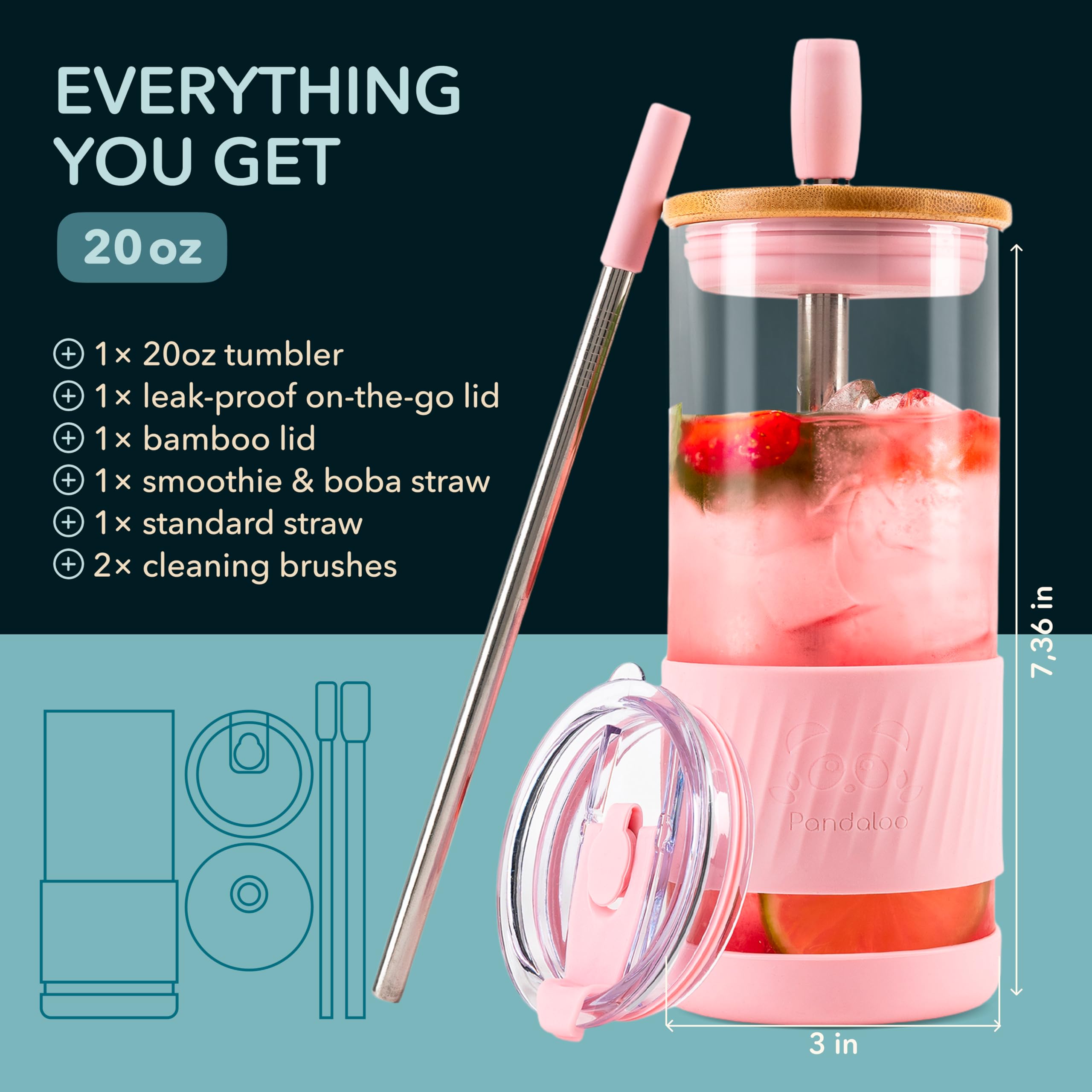 Amazon.com | Pandaloo® Glass Cups With Lids and Straws -20 Fl Oz