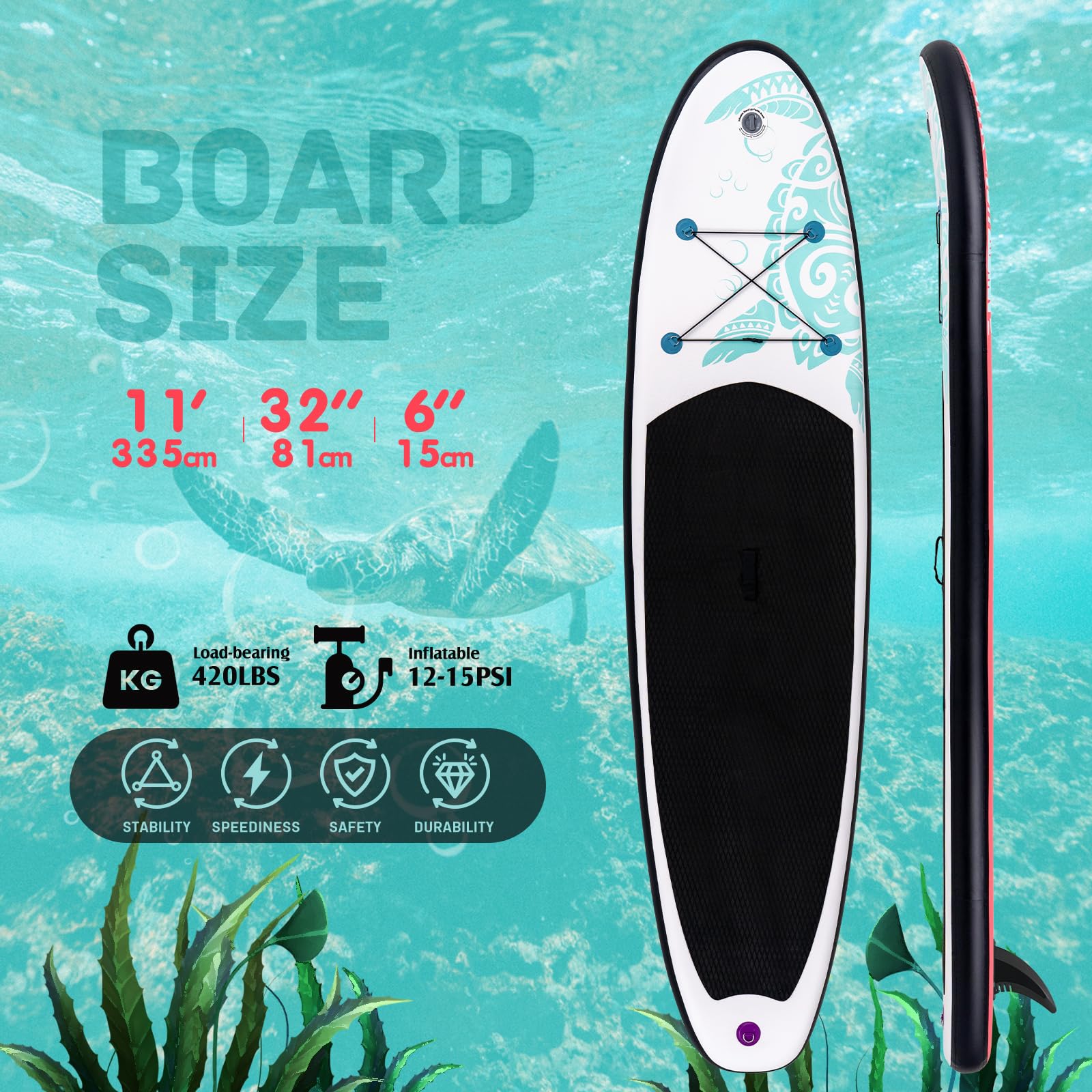 FunWater Tavola gonfiabile per stand up paddle, per adulti, con pagaia, pinna, adattatore valvola SUP, bianco e rosa
