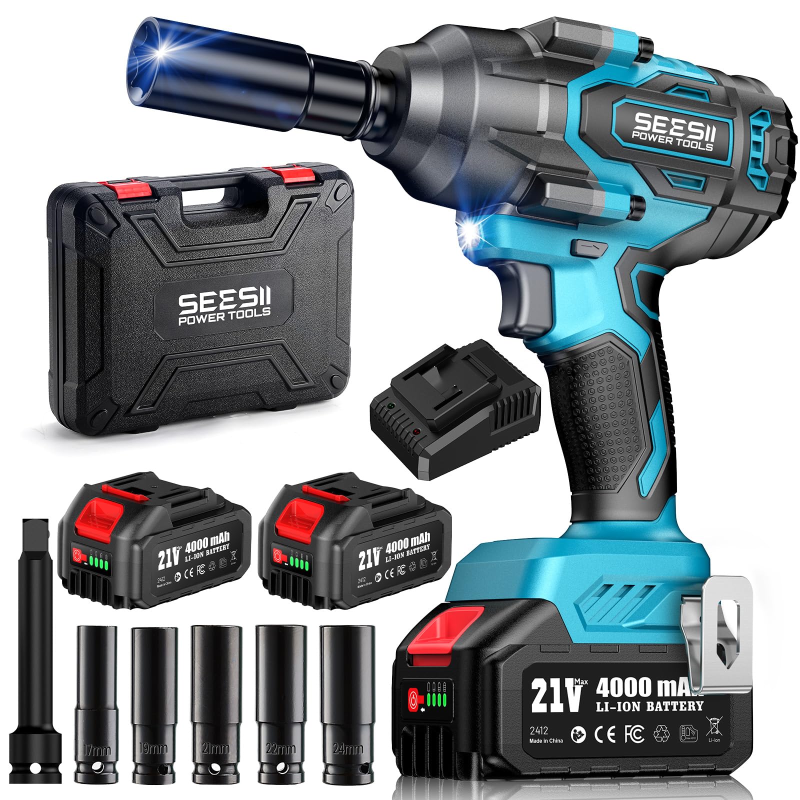 1000N.m (738ft-lbs) Cordless Impact Wrench High Torque,1/2" Brushless Impact Gun w/Two 4.0Ah Battery,Fast Charger, 5 Sockets & Storage Case, Electric Impact Wrench for Car Truck,WH760