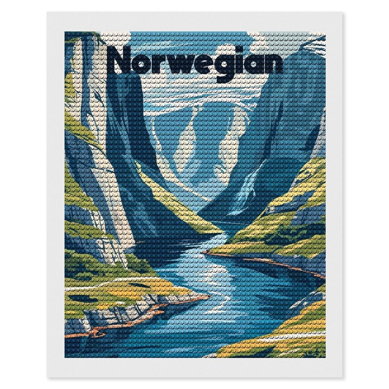 Junmoney Norwegian Landscape Illustration DIY Diamond Art Canvas Kit 16"x20", Adhesive Canvas, Easy to Enjoy, Farmhouse Decor, Festive Craft Gift