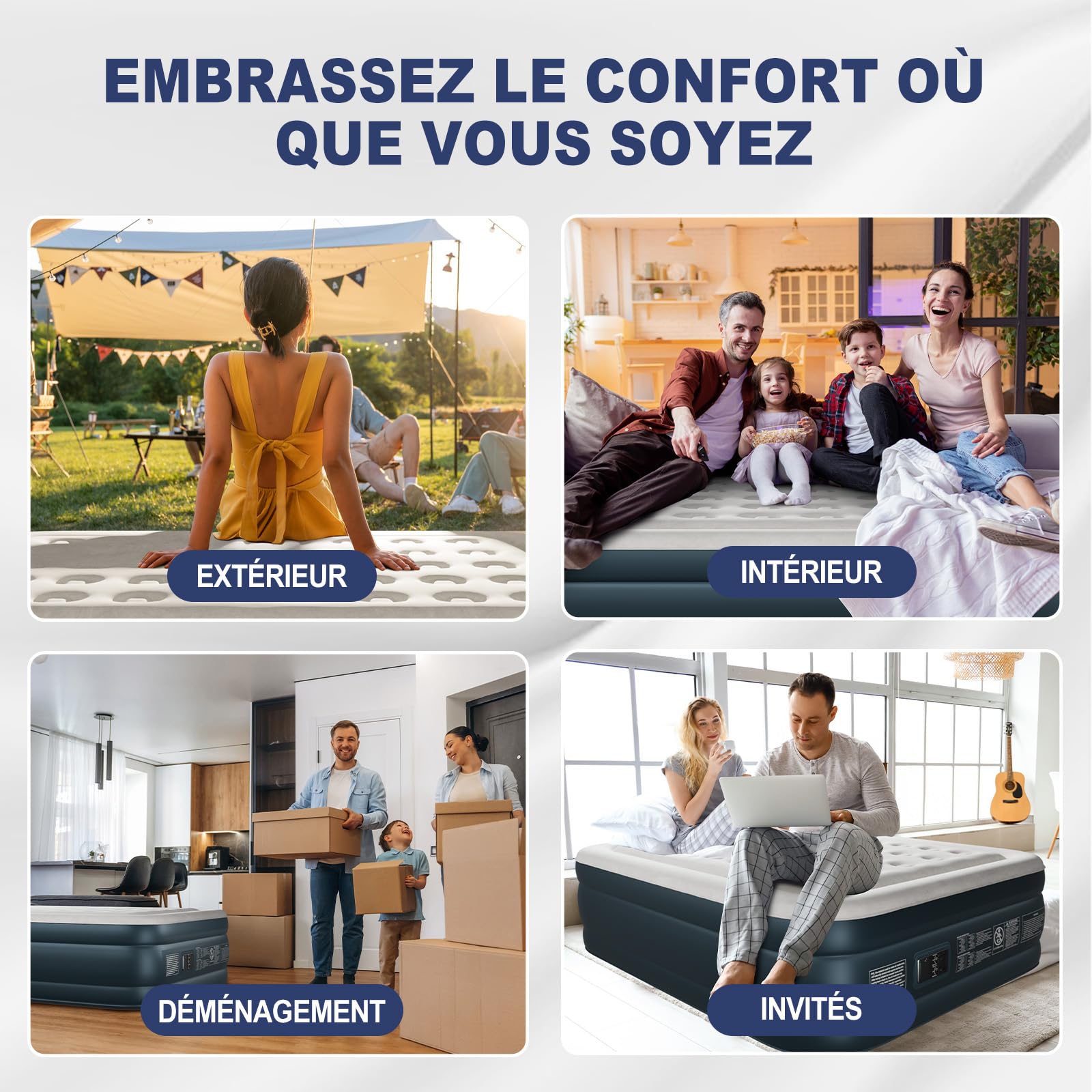 Bonnlo Matelas de Camping Pliable avec Pompe électrique, Matelas Gonflable Autogonflant avec Surface en Velours, pour 2 Personnes (Gris-Blanc et Gris Foncé, 203 x 152 x 45 cm)