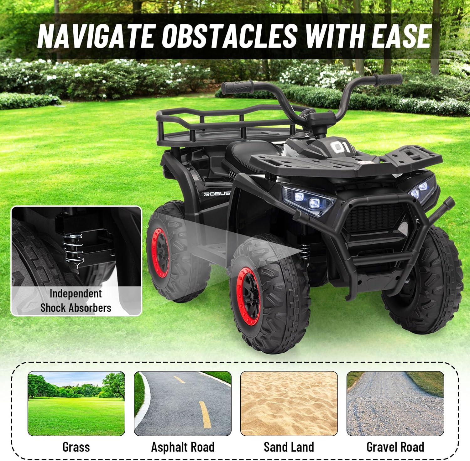 24V 4x4 Ride on Toys Car, BLISSRIDE Kids ATV Quad w/Kneepads, 5Mph Max Speed, Music, LED Lights, Rear Storage Rack, Big Tires, Safe Soft Start&Brake, Electric 4 Wheeler for Kids Boys Girls, D Black