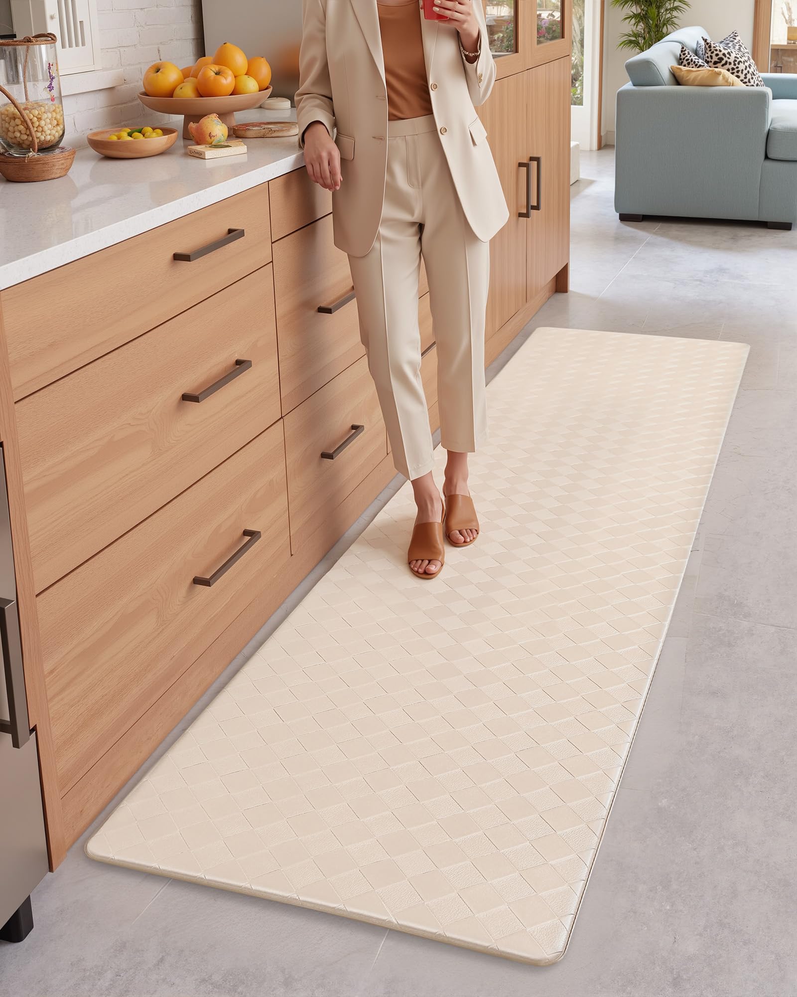 Color G Alfombra Cocina 44 x 180 cm, Anti Fatiga Alfombra Cocina Lavable Antideslizante, Cuero Alfombras Cocina Resistente al Aceite, Impermeable para Cocina, Salón, Oficina (Beige)