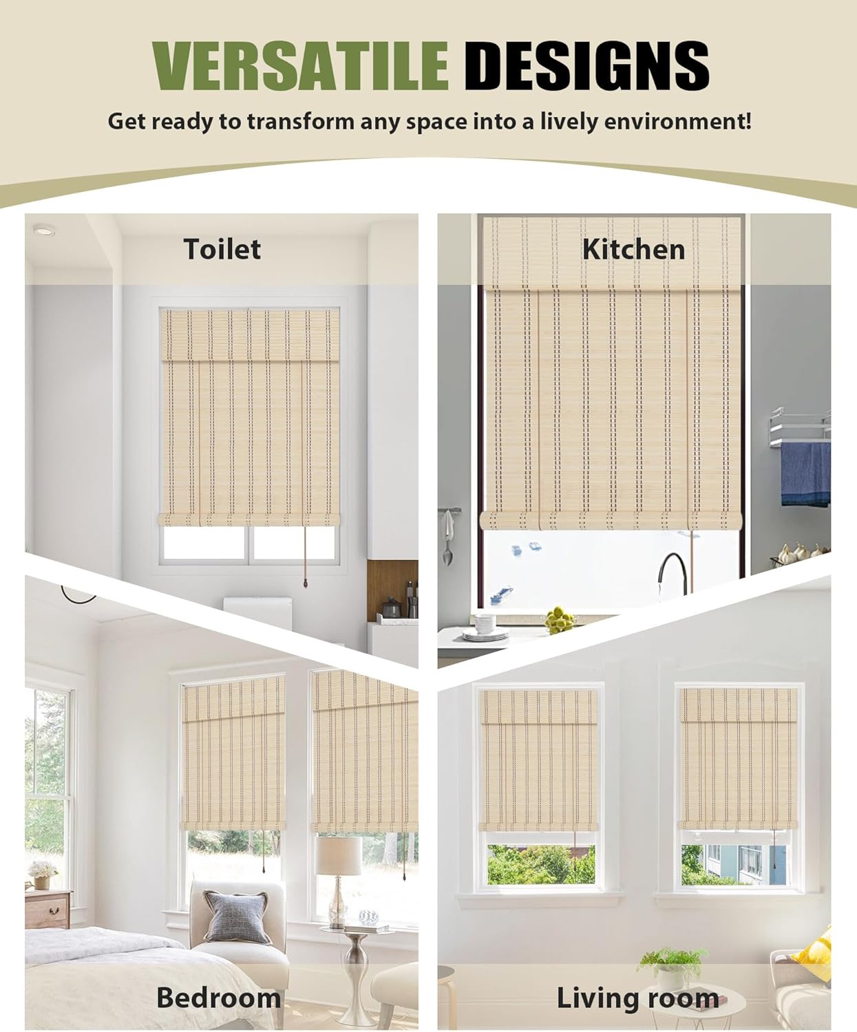 FoundGo 35"W x 64"H Roman Blinds Sun Shade, Retro Light Filtering Bamboo Roller Curtains for Windows, Doors - Light