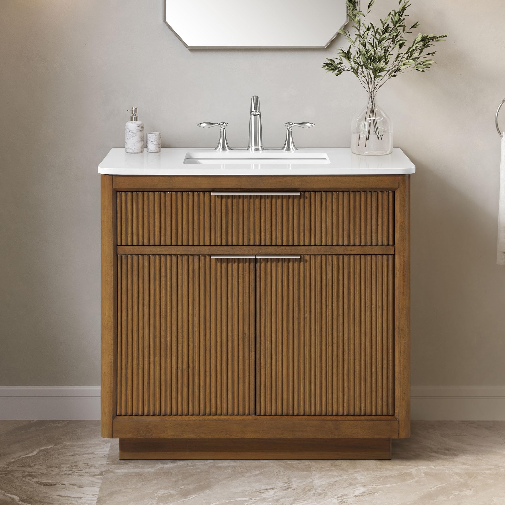 OVE Decors Xander 36" Warm Walnut Bathroom Vanity, Brushed Nickel Hardware