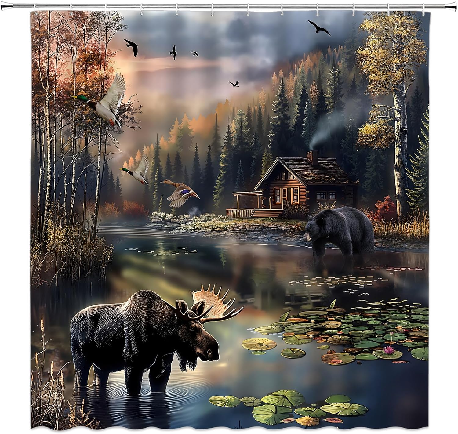 Rustic Cabin Shower Curtain Forest Wildlife Bear Deer Moose Lake Tree Animal Farmhouse Country Brown Extra Long Bathroom Decor Curtain with Hooks,70" Wx78 H