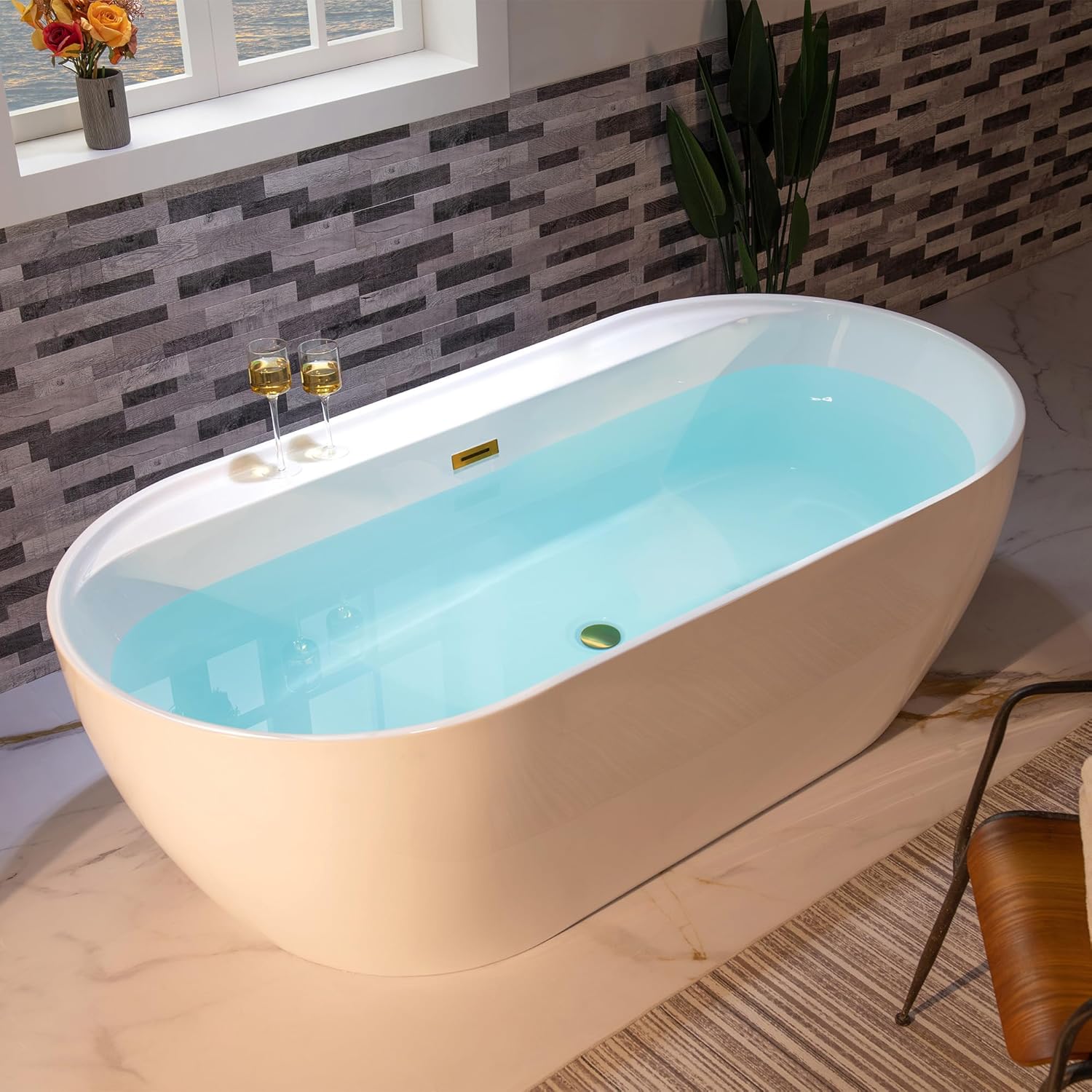 WOODBRIDGE 72" Acrylic Freestanding Bathtub Contemporary Soaking White Tub with Brushed Gold Overflow and Drain,B0059-BG - Image 2
