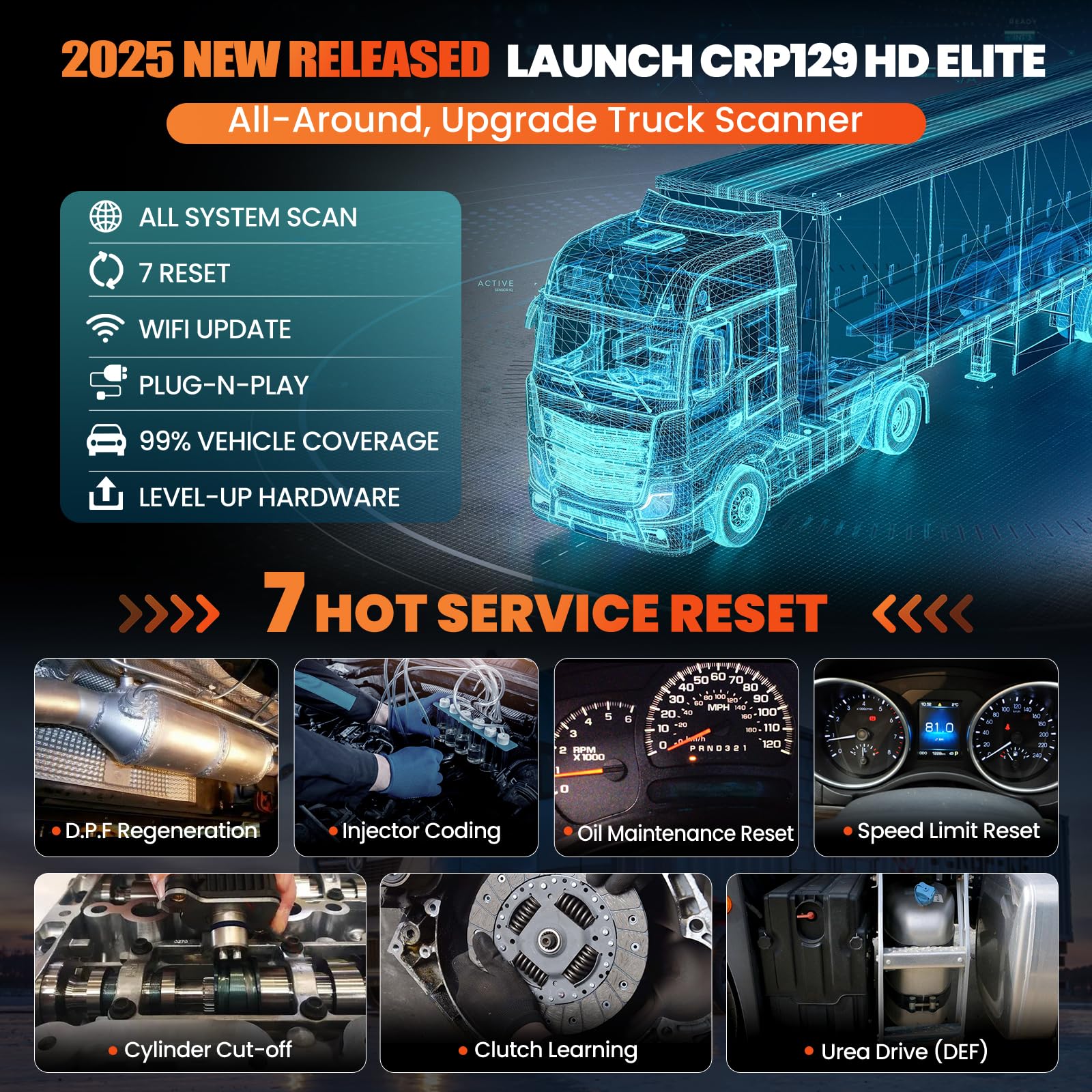LAUNCH CRP129 HD OBD2 Auto Diagnostica, Diagnostica Completa Per Sistemi dDiesel, 7 Reset, Rigenerazione DPF, Reset Dell'olio, Diagnosi Auto Per Autocarri Pesanti, Pick-up, Trattori Semirimorchi