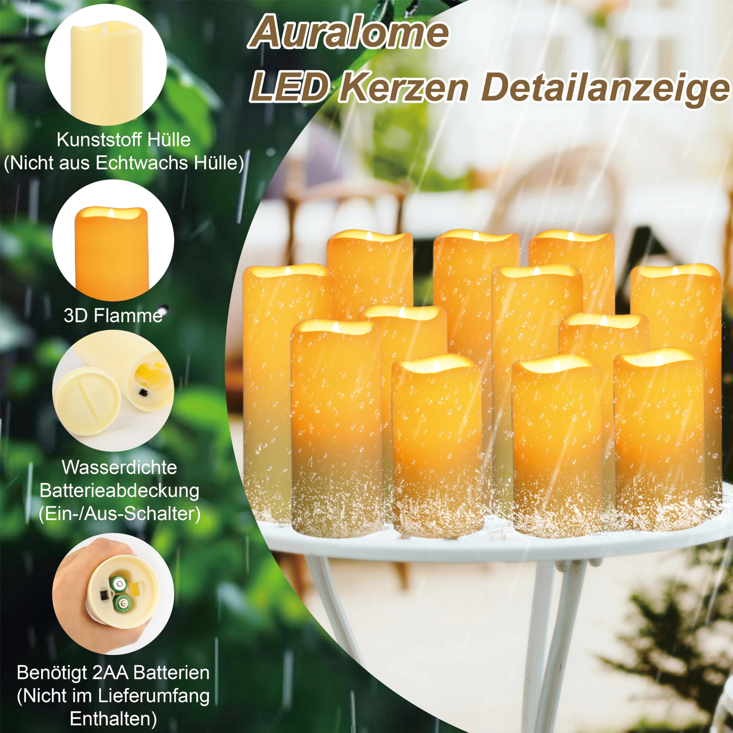 Candele a LED per esterni, con timer, telecomando, senza fiamma, a batteria, impermeabile, funzione timer elettrico, candele a pilastro, colore bianco tremolante, candele in vera cera