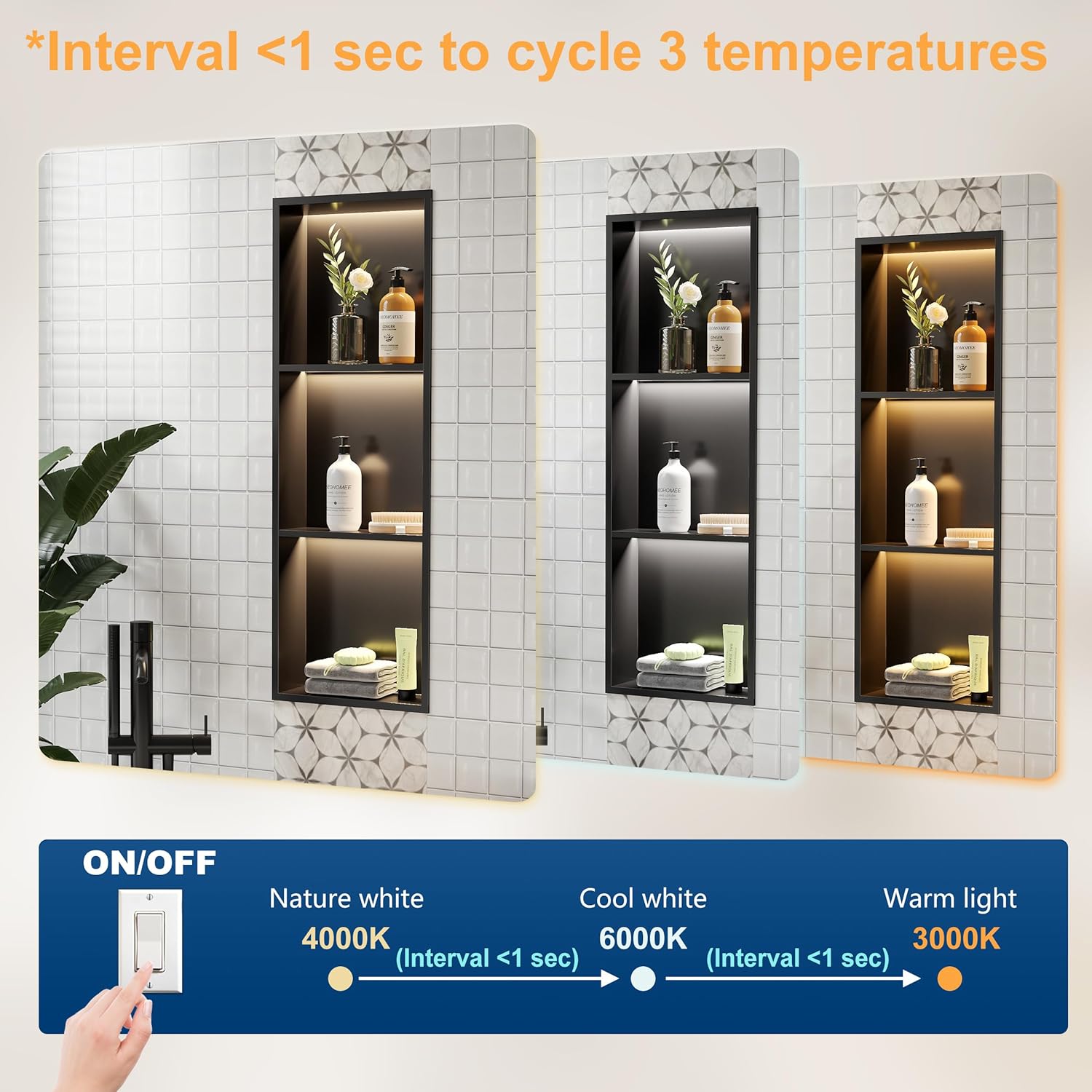 3-Tier Recessed LED Shower Niche,12"X36" Bathroom Wall Niche, with 3-Temperature LED Strip Light 4000K/6000K/3000K, Waterproof No Tile Need Stainless Steel Wall Cabinet(Matte Black)