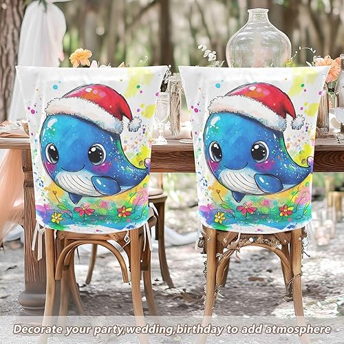 Miniatura 6 de Juego de 6 fundas decorativas para sillas decorativas con diseño de ballena azul de dibujos animados para ceremonia, fundas decorativas suaves para