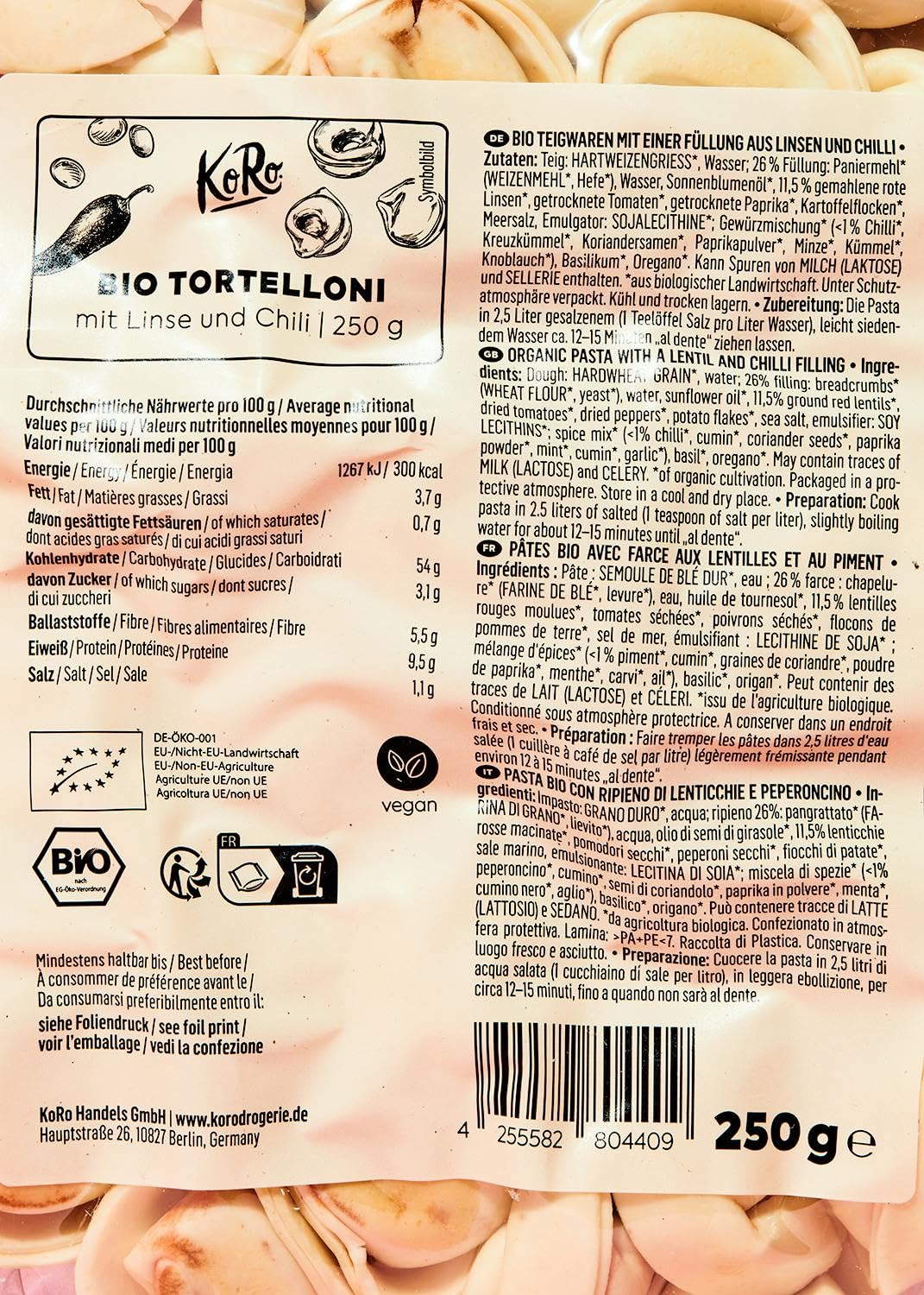 KoRo - Tortelloni con lenticchie e peperoncino bio 12 x 250 g - Vegan - Qualità biologica - Fonte di proteine e fibre - Si conservano al fresco