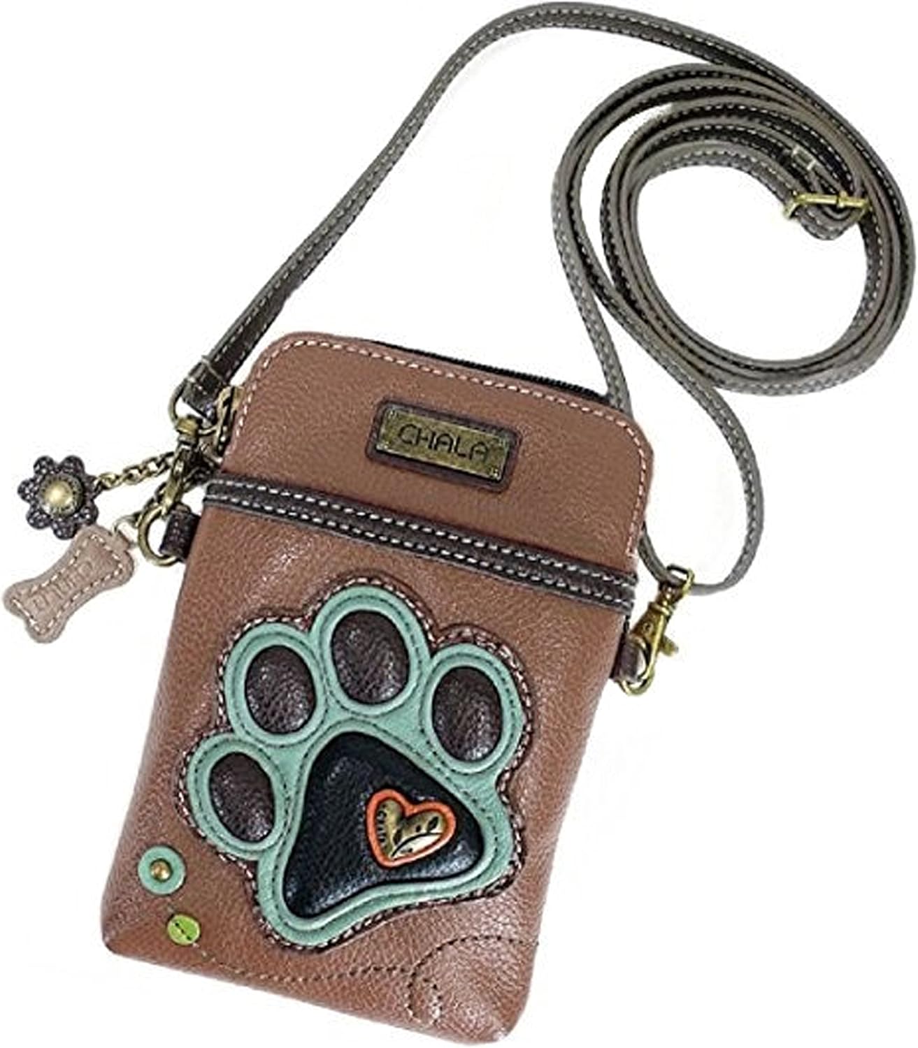 Dog Lovers Paw Print Chala Cellphone Convertible Strap Crossbody Handbag (Brown/Teal)