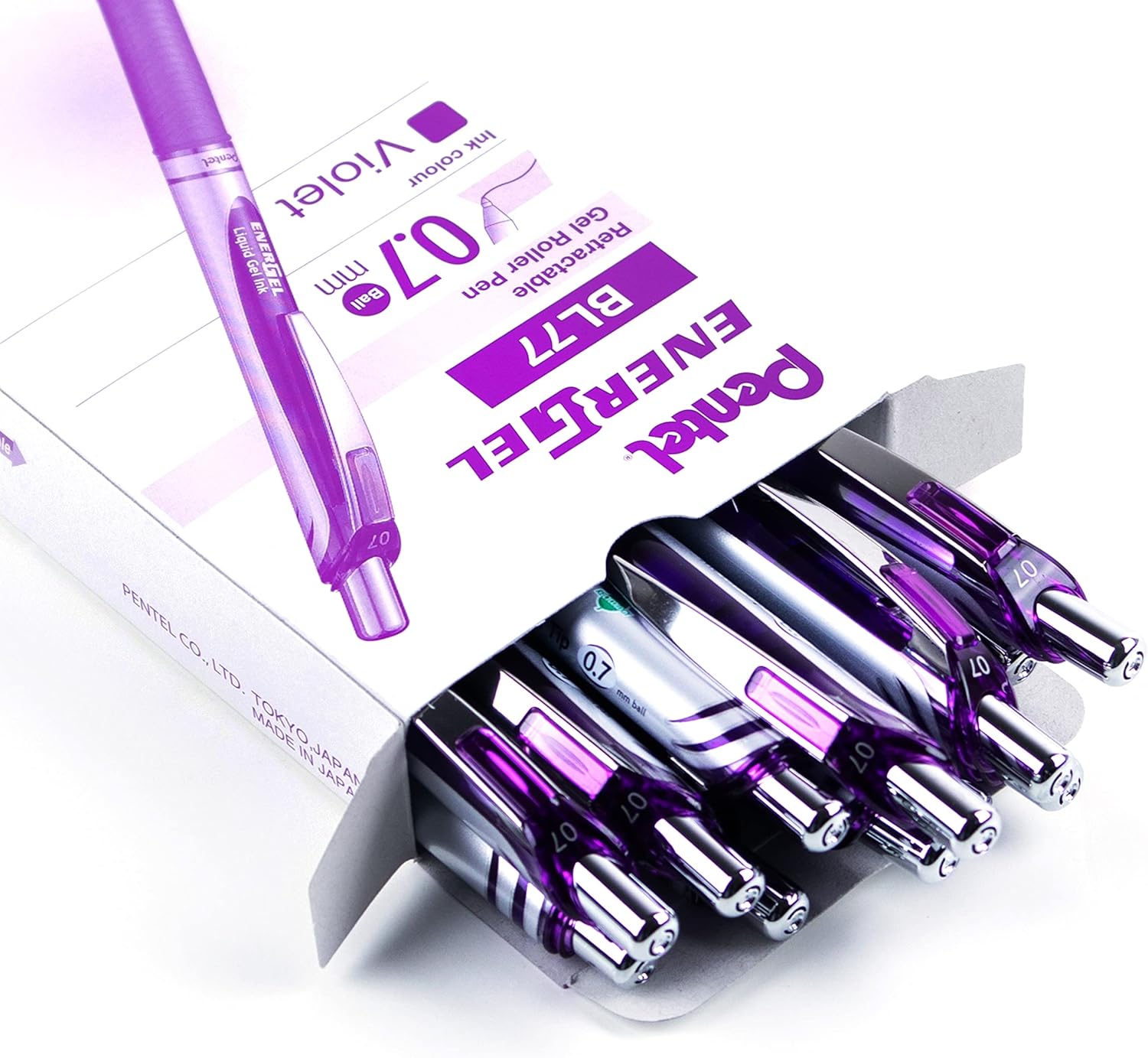 Pentel EnerGel XM BL77 - Retractable Liquid Gel Ink Pen - 0.7mm - 54% Recycled - Purple - Box of 12