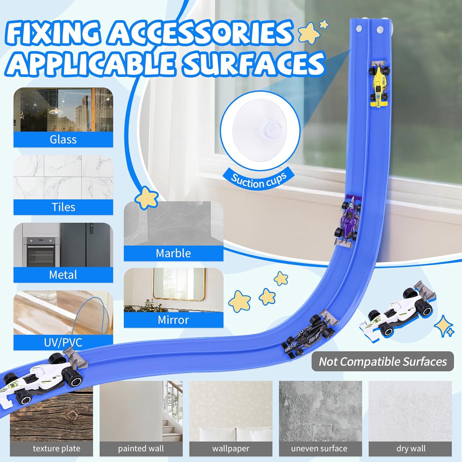 Flexible Race Car Track for Kids - Flex Track 16 Ft with Suction Cups & Loop for Ages 3 & Up Classic Blue Double Long Rolls Up Portable(Blue)