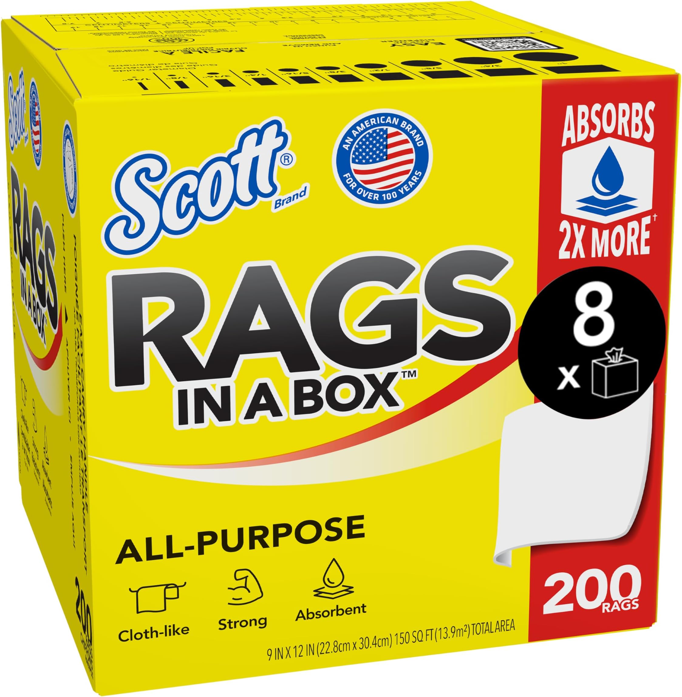 Rags In A Box (75260), All-Purpose Towels, Large 9"x12" Paper Towel, Pop-Up Box (8 Boxes of 200 Sheets, 1,600 Sheet Total)