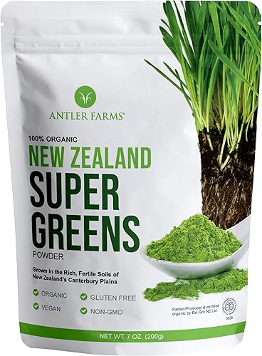 Antler Farms - Polvo 100% puro orgánico de Nueva Zelanda Super Greens, 40 porciones, 7.05 oz - Hierba de trigo, cebada, clorella, espirulina -