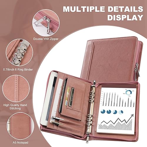 Miniatura 6 de KISSKI H Olvido - Carpeta A5 para mujer, carpeta de cuero vegano con 6 anillos, organizador de documentos de cuero de negocios de 10.62 x 7.67