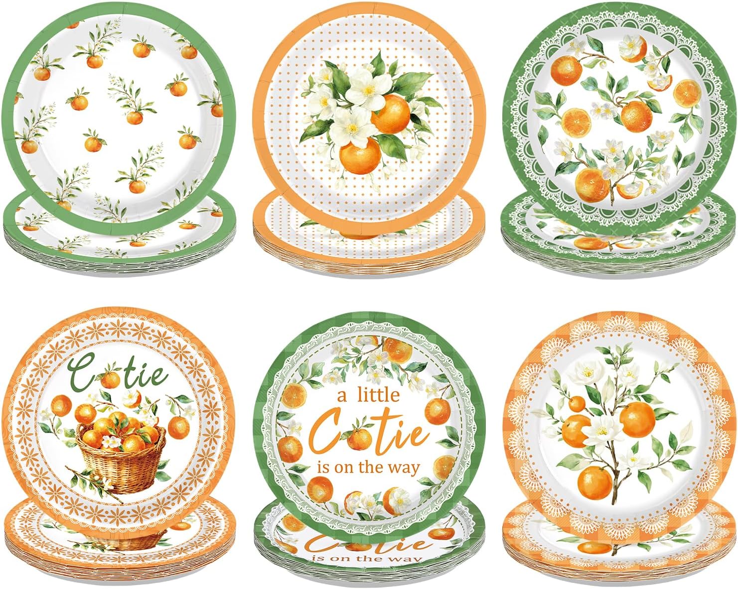 60Pcs Little Cutie Baby Shower Paper Plates 7" Heavy Duty Disposable Watercolor Fruit Orange Dessert Plate Green Citrus Lace Party Decoration for Spring Summer Birthday Baby Shower BBQ Party Supplies