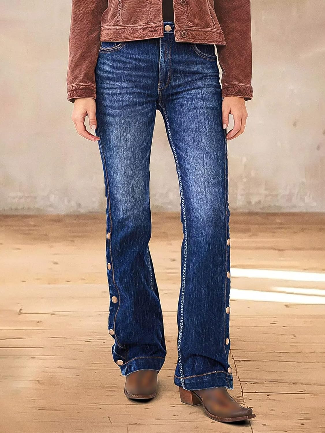 Flamingals Women's Buttoned Hem Bootcut Jeans Without Belt Mid Waist Casual Pants Navy Blue - Image 4