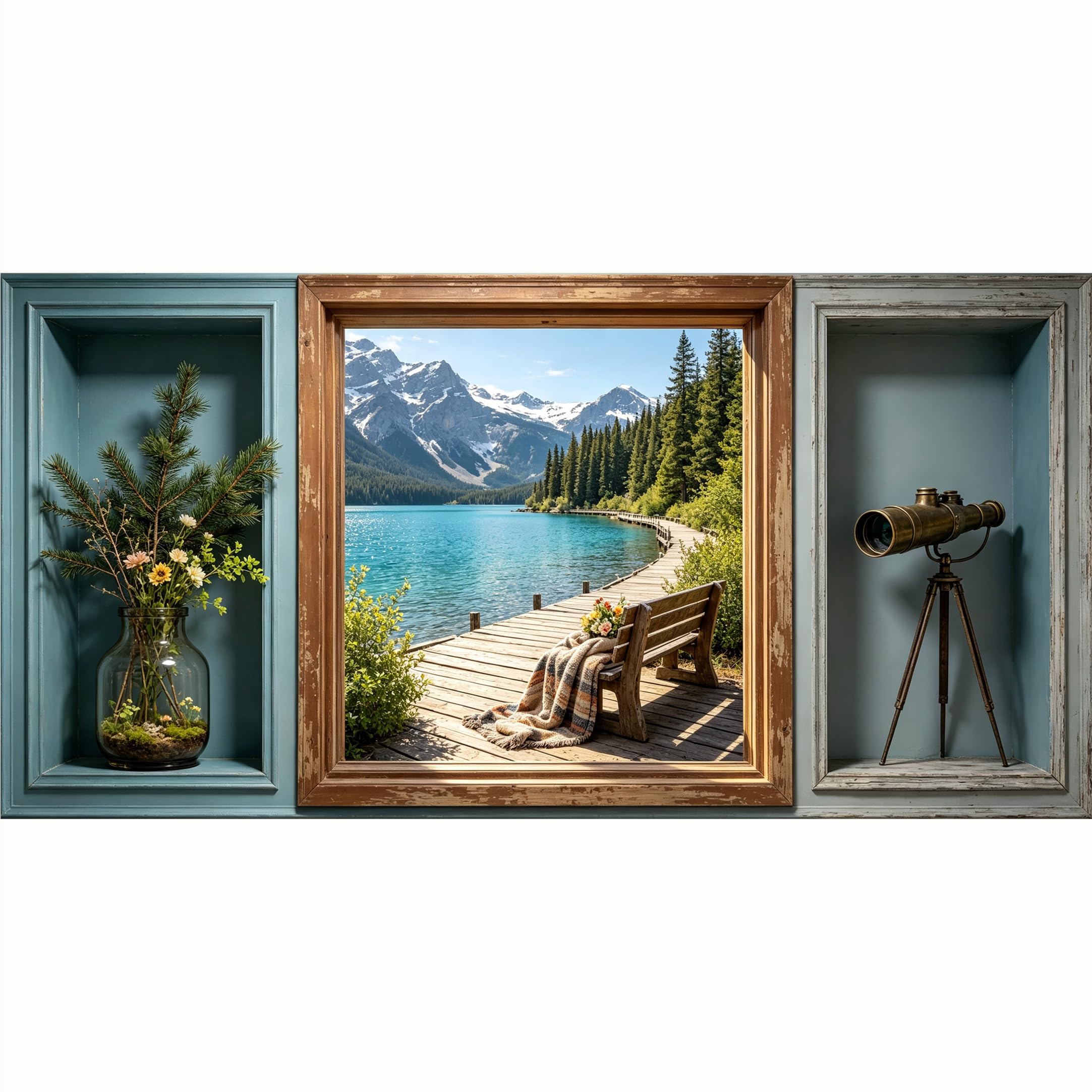 QZLITHOTIC 50x100cm 3D Framed Wall Art， Mountain Lake Landscape Boardwalk Scenic View SelfAdhesive Mural， WaterActivated Peel & Stick Fabric Decor Wall Decal for Bedroom Living Room