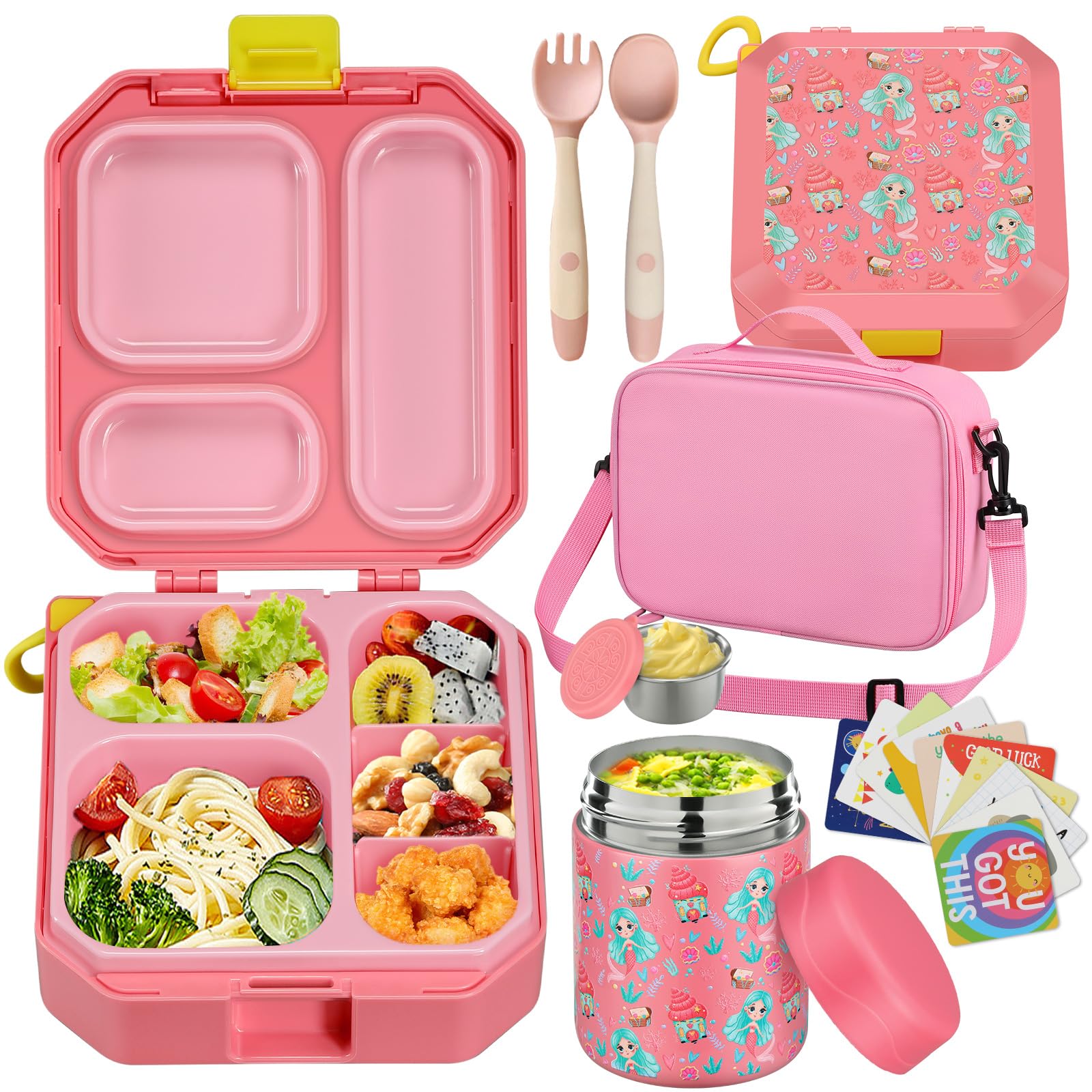 wiwens Juego de lonchera Bento para niños con recipiente térmico de sopa de 12 onzas a prueba de fugas con 5 compartimentos, tarro térmico de comida caliente y bolsa de almuerzo aislada para niños