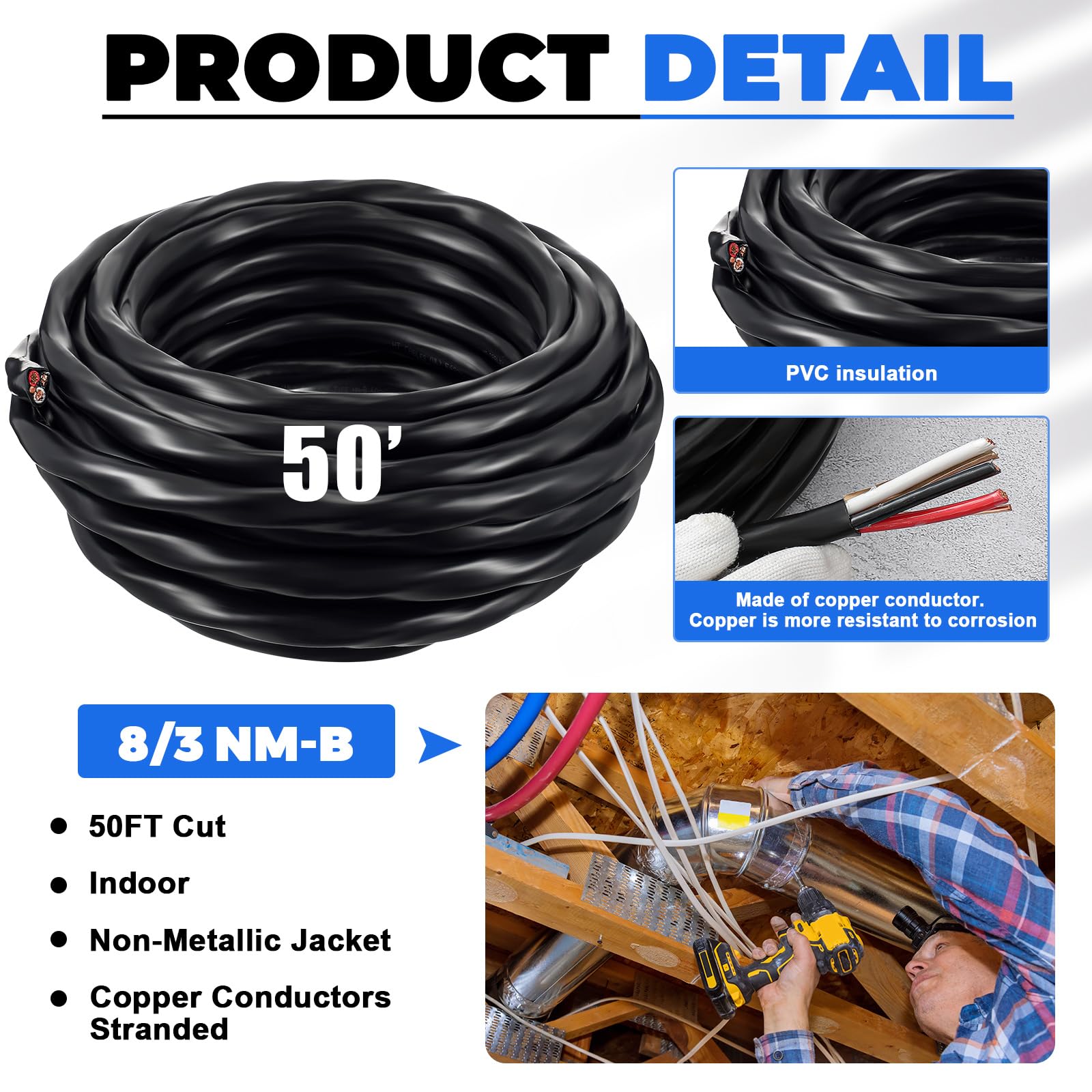 Kanayu Fil électrique de 15,2 m 8/3 NM-B avec mise à la terre, câble gainé en PVC non métallique à 3 conducteurs pour projets de câblage d'éclairage intérieur résidentiel