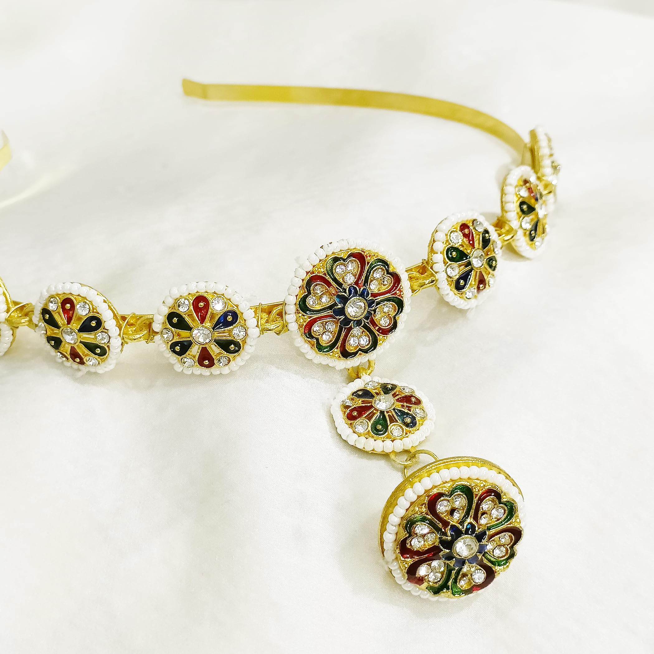 Traditional Style Mathapatti Hairband With Attached Borla/Hair Accessory/MangTika For Womens/Ladies/Girls Hair Jewelry (Golden) (Multicolor-With-Golden-A) (B0D265TK17) Amazon Price History, Amazon Price Tracker