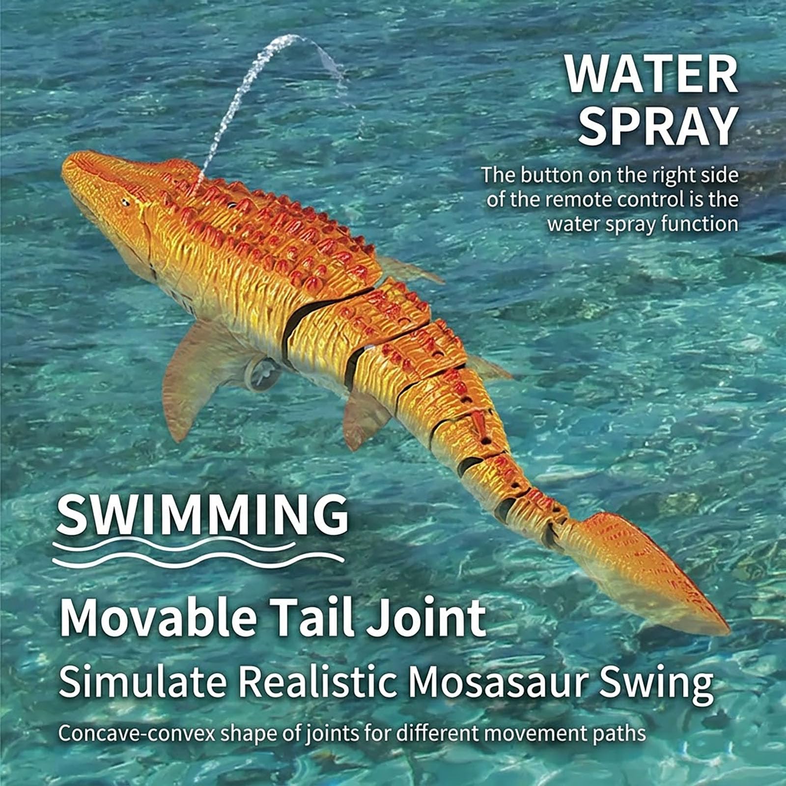 Adius Barca Telecomandata Mosasaurus 2.4GHz, Nuotatore con Luce Spray RC per Bambini, di simulazione Mosasaurus, Piscine e Laghi Giocattolo Spruzzare Acqua (Giallo)