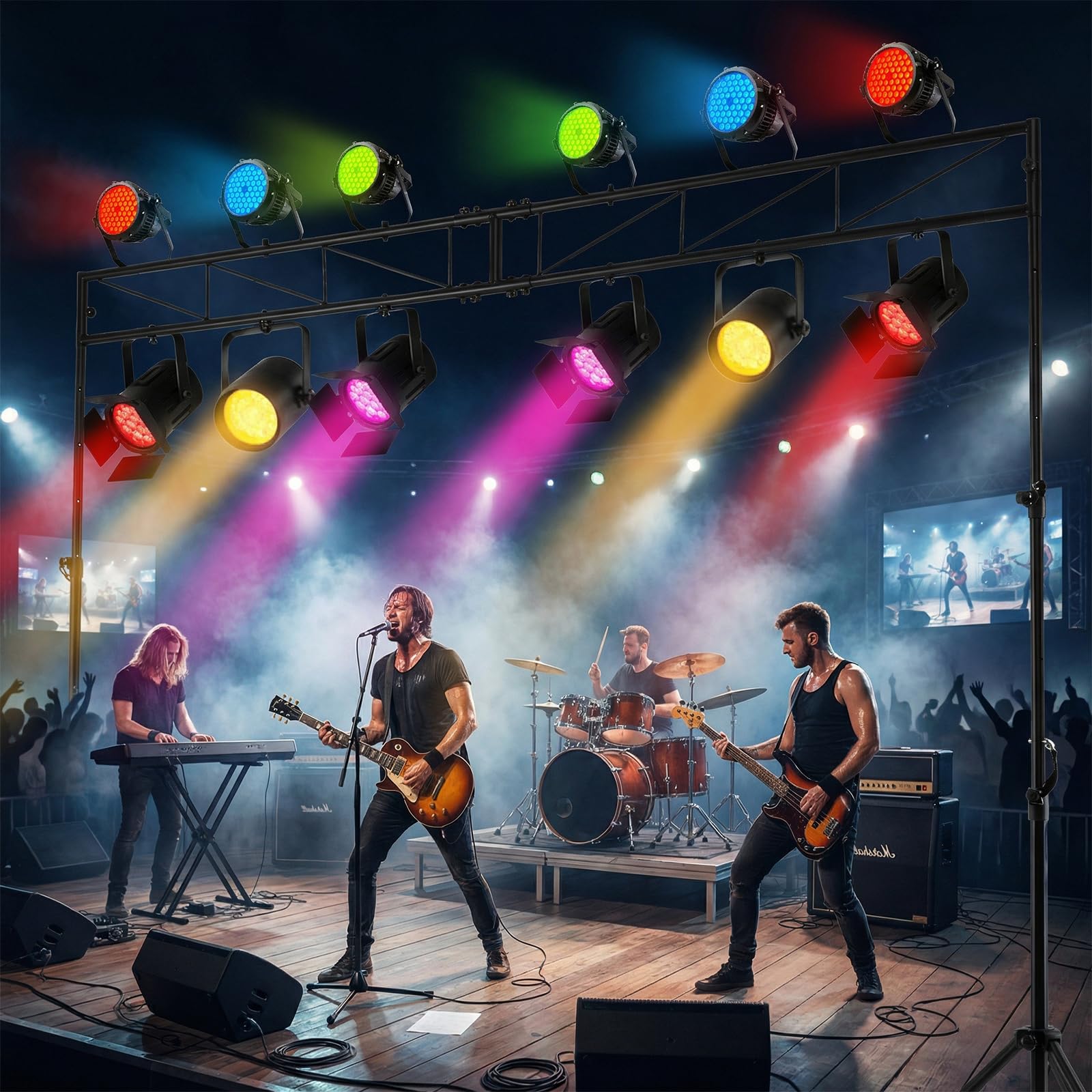 HOMASIS Stativo Luci DJ, Supporto Pieghevole Illuminazione Metallo con 12 Punti di Fissaggio, Traversa e Piedini Antiscivolo, Altezza Regolabile 140-265 cm, per Discoteca, Palco, Feste e Matrimoni