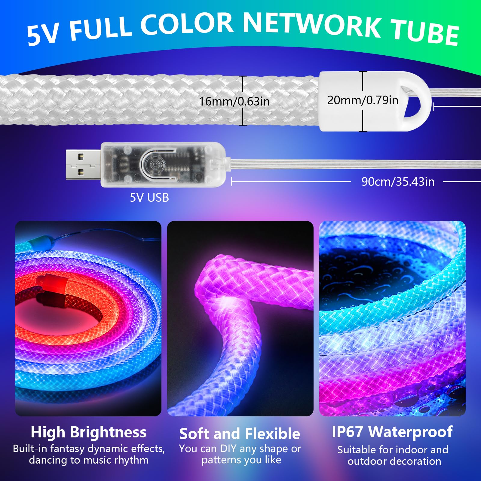 Neon LED Strip RGB+IC 5M, 5V USB LED Streifen mit Fernbedienung | 360 Grad Rund Neon, IP67 Wasserdicht, mit Timer Musik Sync APP Steuerung für Pavillon Dachvorsprung Steinsäulen Oudoor Deko