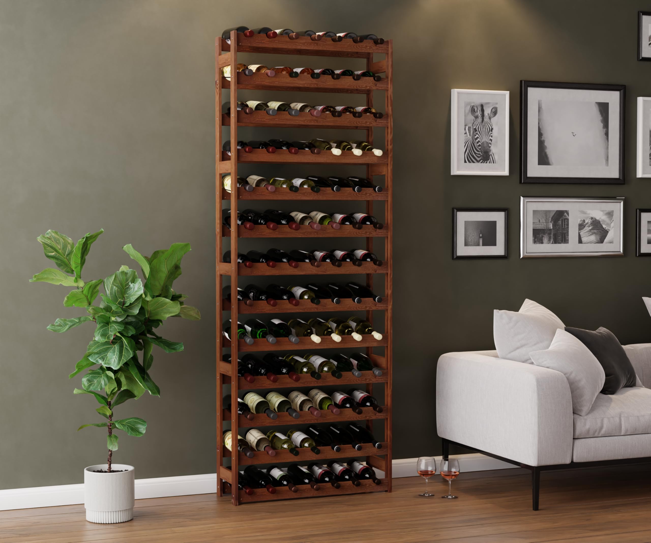 Lenmar Portabottiglie in legno per bottiglie marrone, RW-1, portabottiglie, cantina, mensole, portabottiglie RW-1-91, 198 x 72,5 x 25, 13 lettini, 91 bottiglie