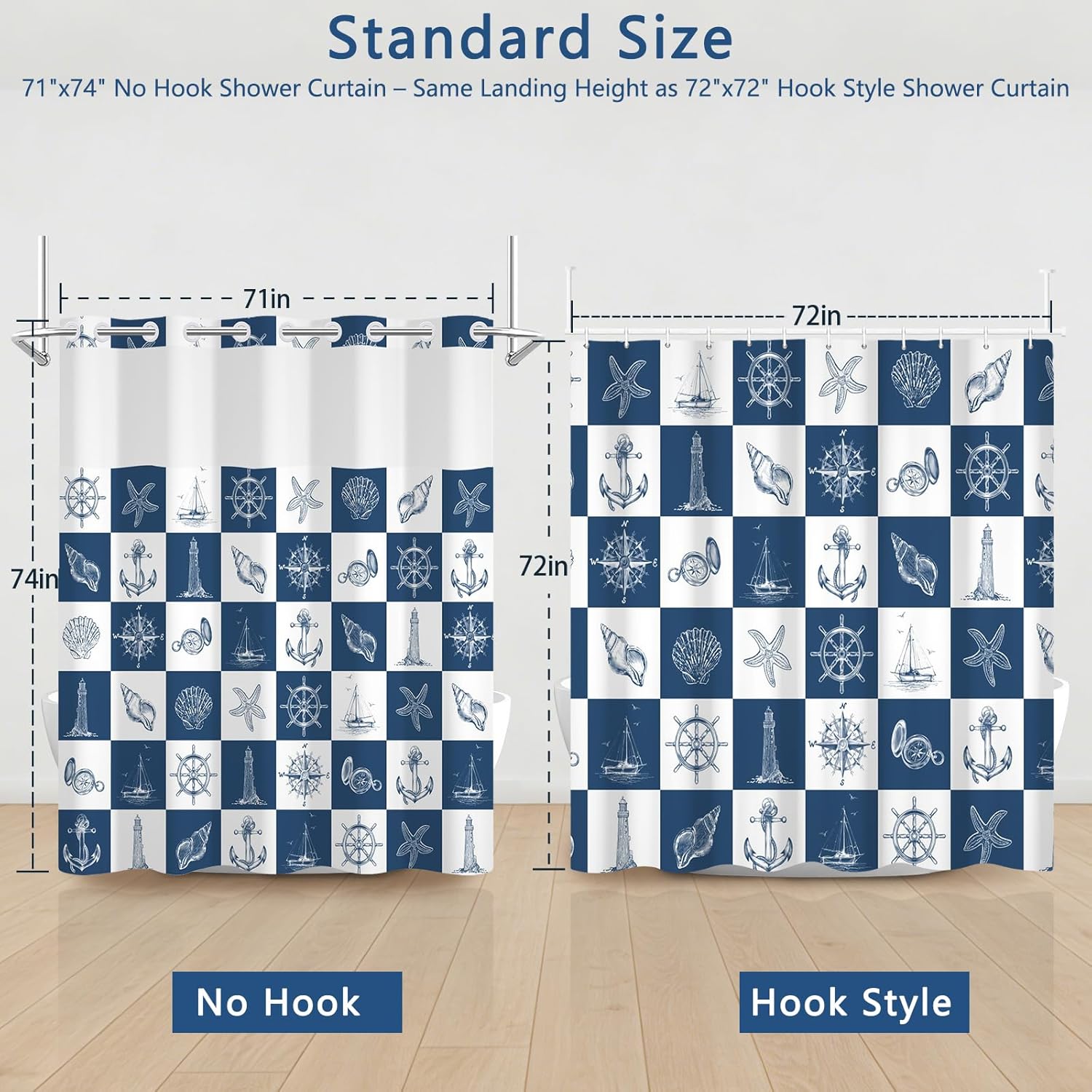 Bathroom Shower Curtain with Snap in Liner, Nautical Chessboard Design No Hook Shower Curtain with Sheer Top Window and Weighted Hem, Double Layers Waterproof Fabric Shower Curtains, 71"W x 74"L