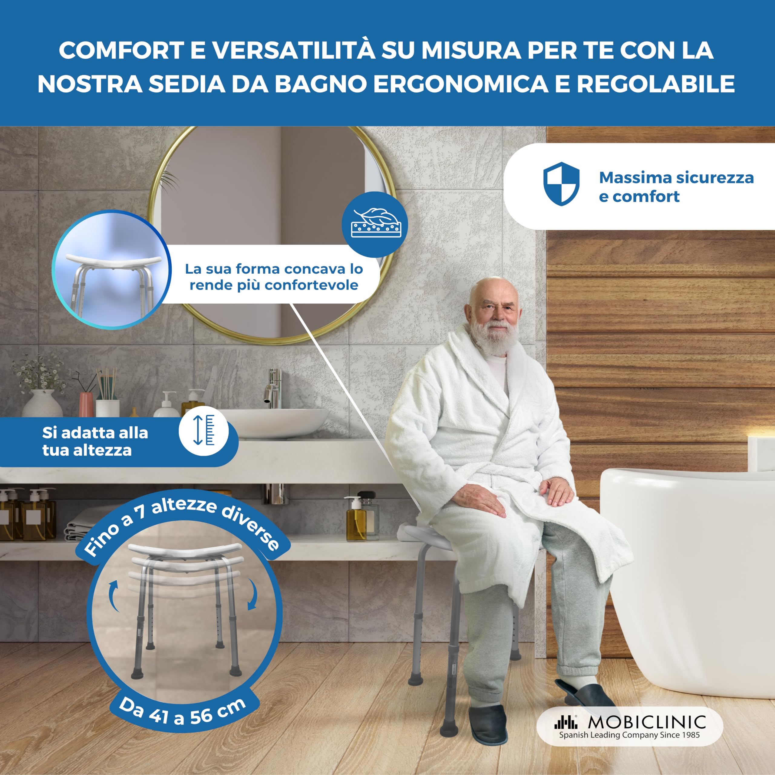 Mobiclinic®, Sedia da Doccia, Regolabile in 7 Altezze, Bahía, Sgabello Bagno, Seduta a U, Fino 100 kg, per Vasca, Piedini Antiscivolo, Alluminio