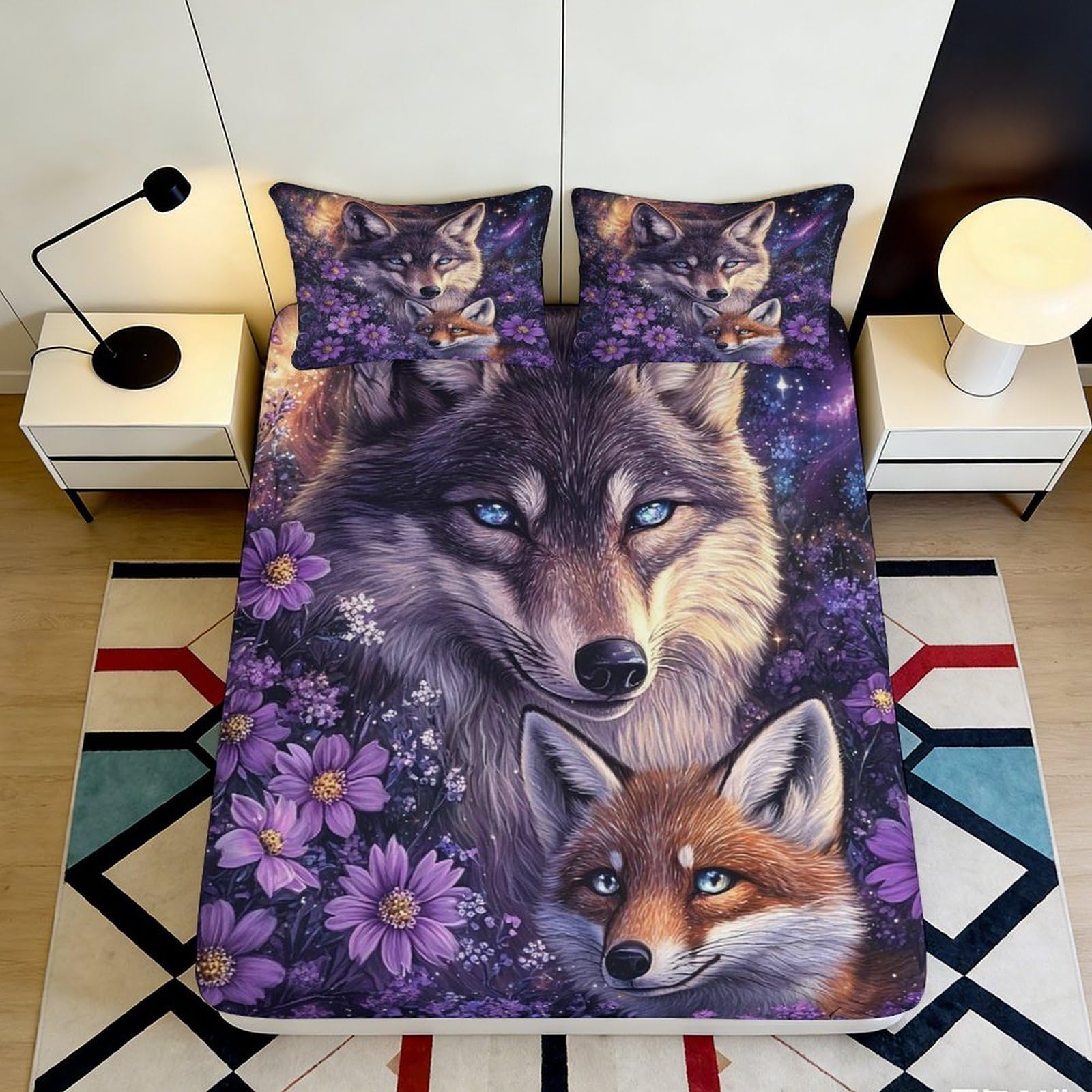 3D Printed Wolf Floral Pattern Fitted Sheet Microfiber Soft Breathable Galaxy Starry Sky Bed Cover for Bedroom Dormitory Guest Room Mattress Protection Decor 140x200x25cm