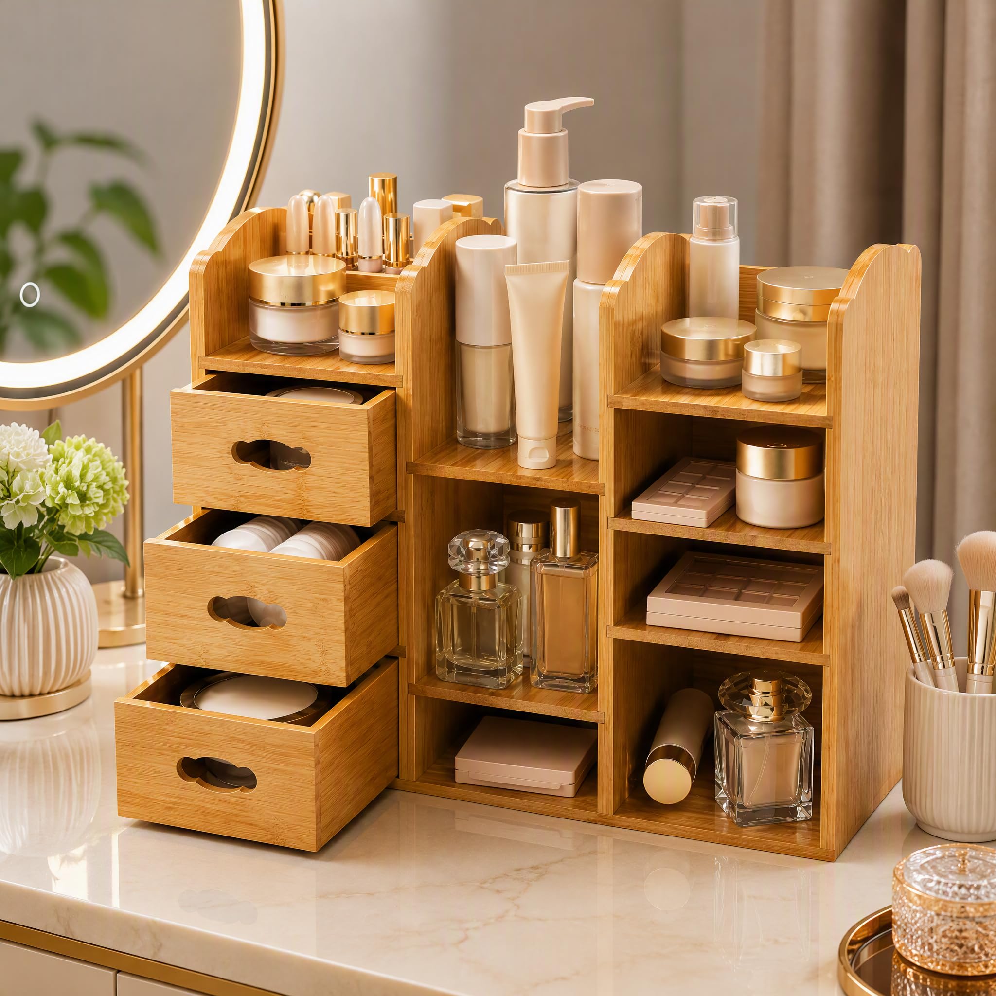 Coloch Make-up-Organizer aus Bambus mit Schubladen, multifunktionale Kommode, Make-up-Aufbewahrung, Tisch-Organizer, Regal für Schreibtisch, Hautpflege, Kosmetik-Display, Schreibwaren-Aufbewahrung