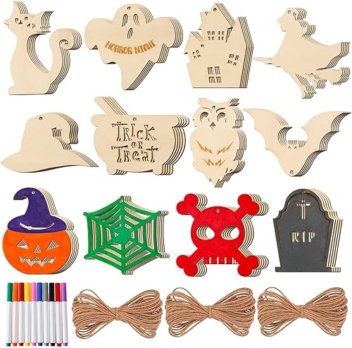 Miniatura 7 de 60 piezas de manualidades de Halloween para niños, kit de adornos de madera para bricolaje, 12 formas preperforadas, madera natural, decoraciones de