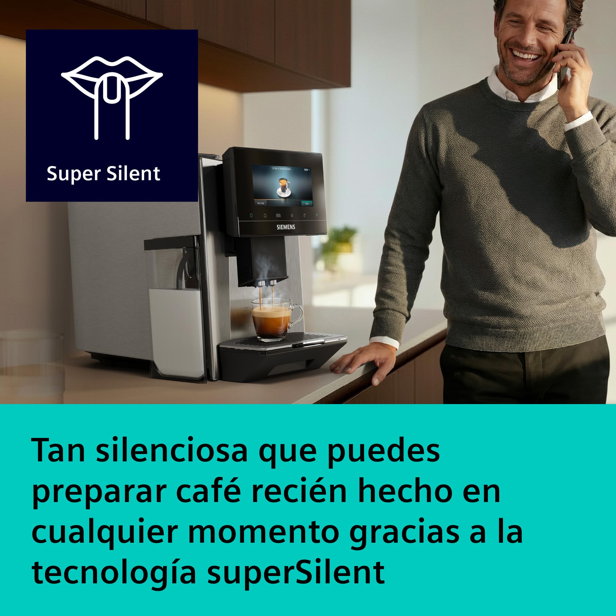 SIEMENS, cafetera superautomática, EQ900 iAroma, sabores personalizados, molienda precisa, pantalla grande para uso intuitivo, cafés personalizados, acero inoxidable, TQ923E03