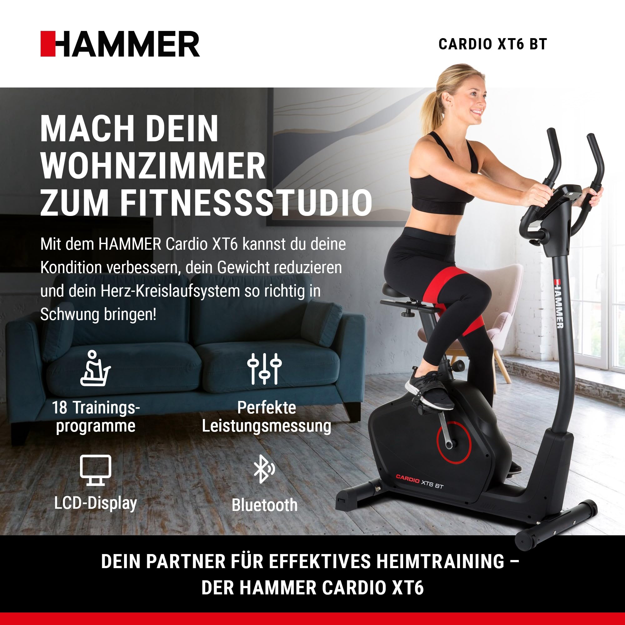 HAMMER 4862 Ergometer Cardio XT6 BT, leises Fitnessfahrrad mit tiefem Einstieg und Comfort-Sattel, 13 kg Schwungmassensystem, Bluetooth & App-Steuerung, 130 kg Benutzergewicht, 93 x 51 x 150 cm