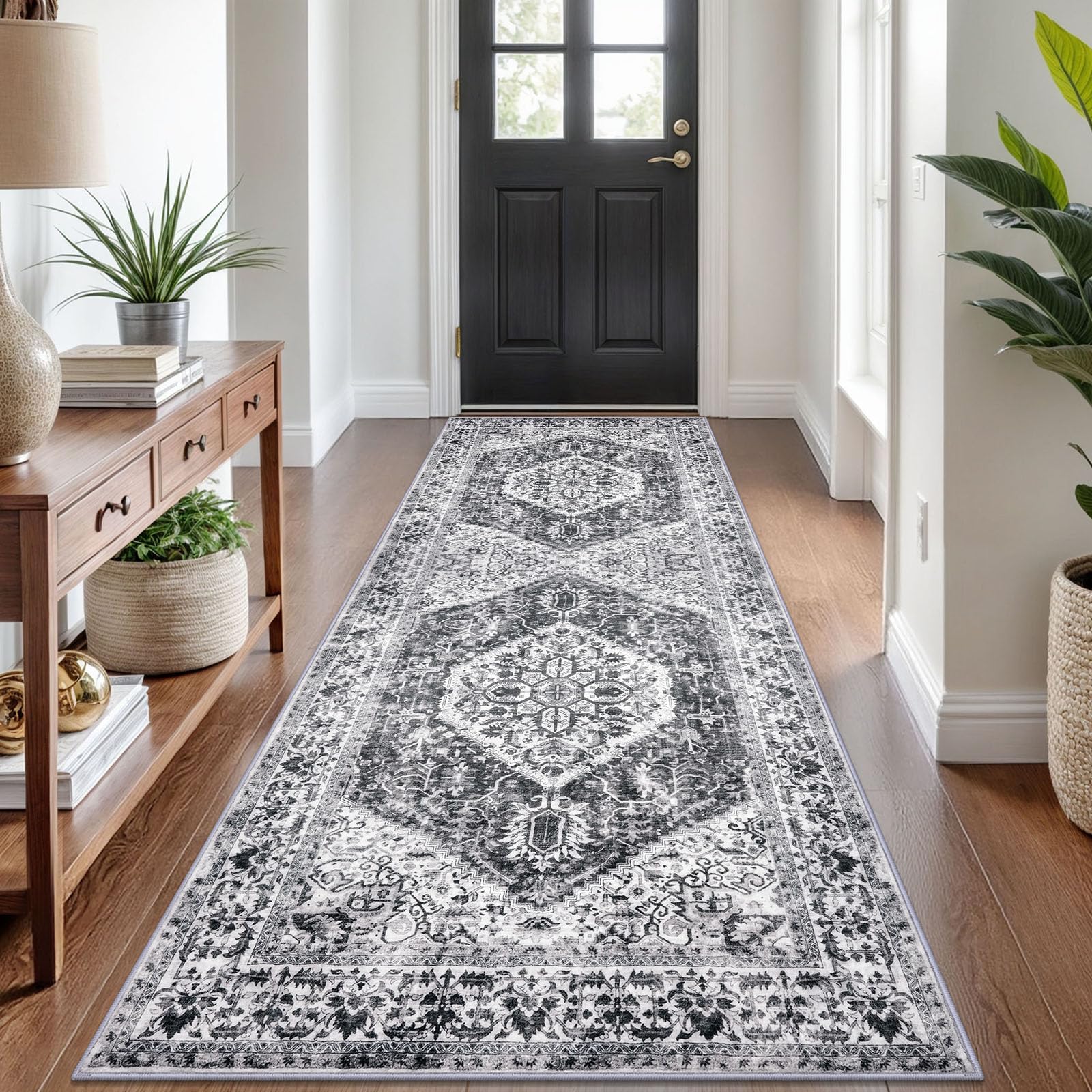 KOZYFLY Runners for Hallways 3x8 Ft Washable Kitchen Runner Rug Boho Runner Rug for Entryway Indoor Printed Faux Wool Floor Carpet for Bedroom Kitchen Hall, Grey — image 1