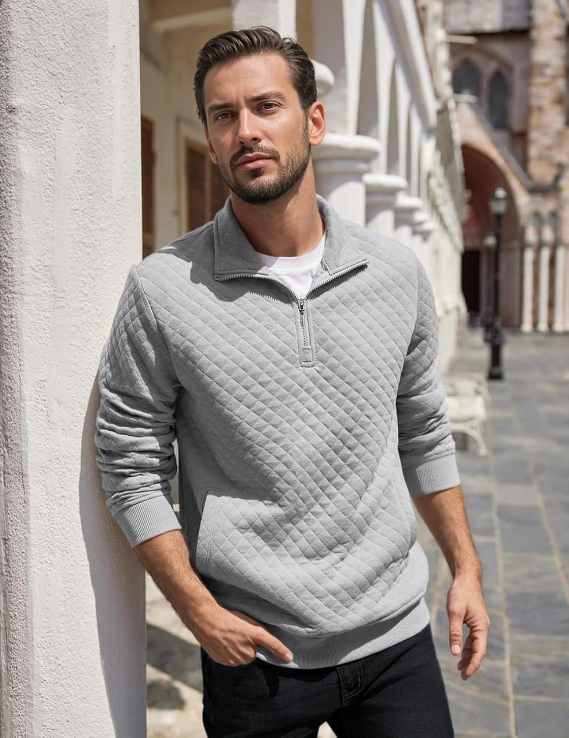 Mens Sweatshirt Quarter Zip Pullover Sweatshirt for Men Knit Mock Neck Long Sleeve Sweater Polo with Pocket - Image 3