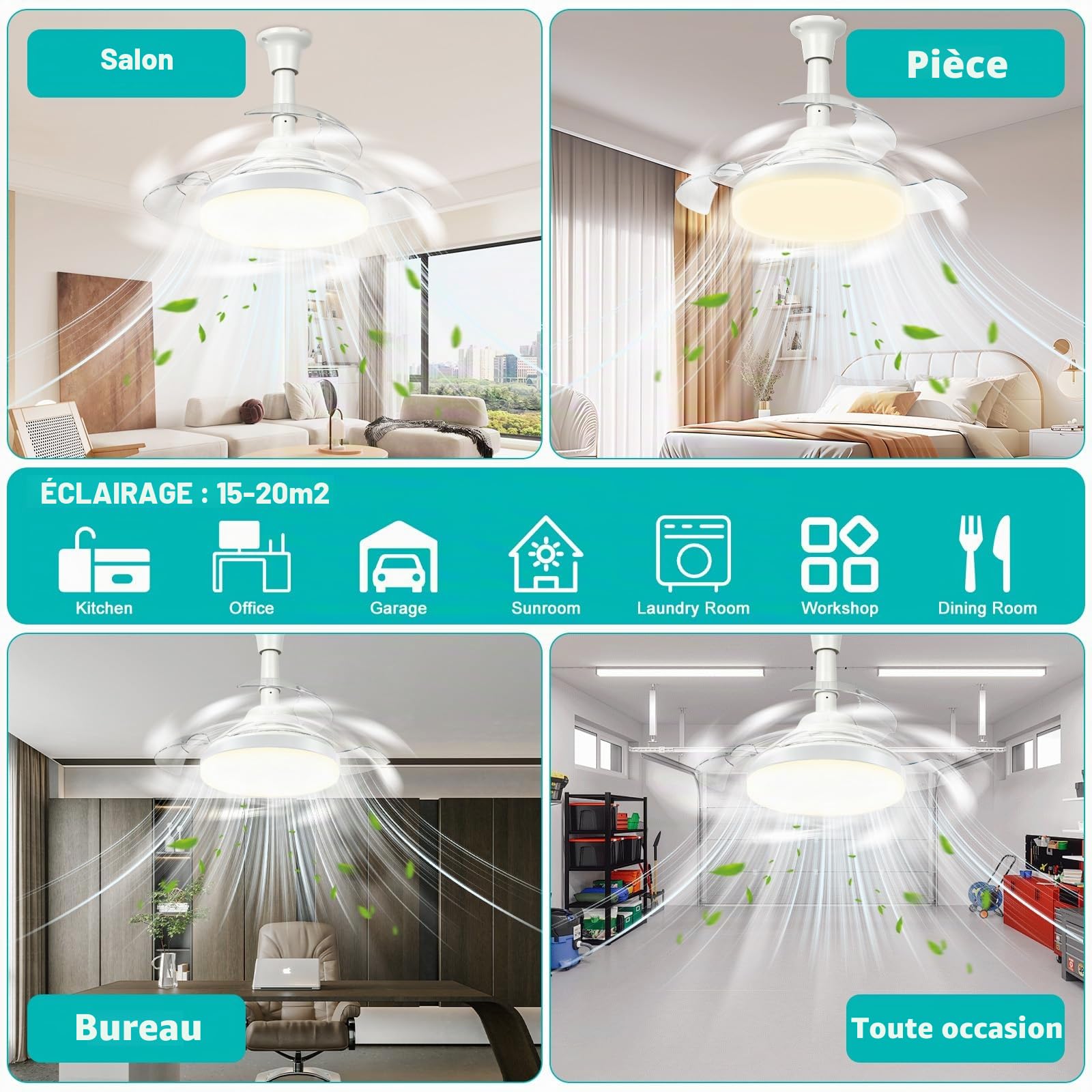 Herefun Ventilateur Plafond avec Lumiere 43CM Lustre Pliable E27 Telecommande 3 Pales Cachées 3 Vitesses Timing