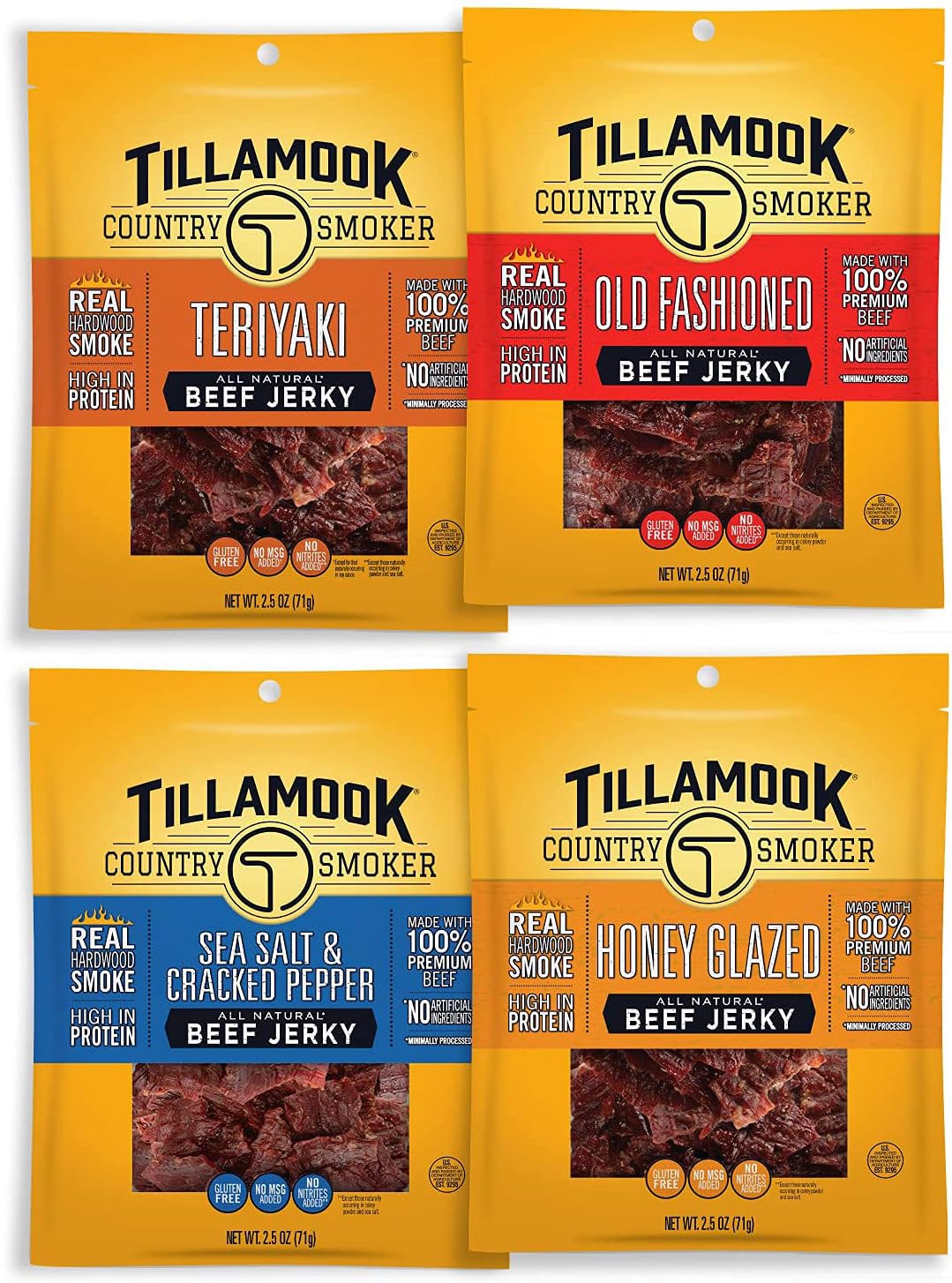 Tillamook Country Smoker Real Hardwood Smoked Beef Jerky Variety Pack, 2.5 Ounce (Pack of 4)