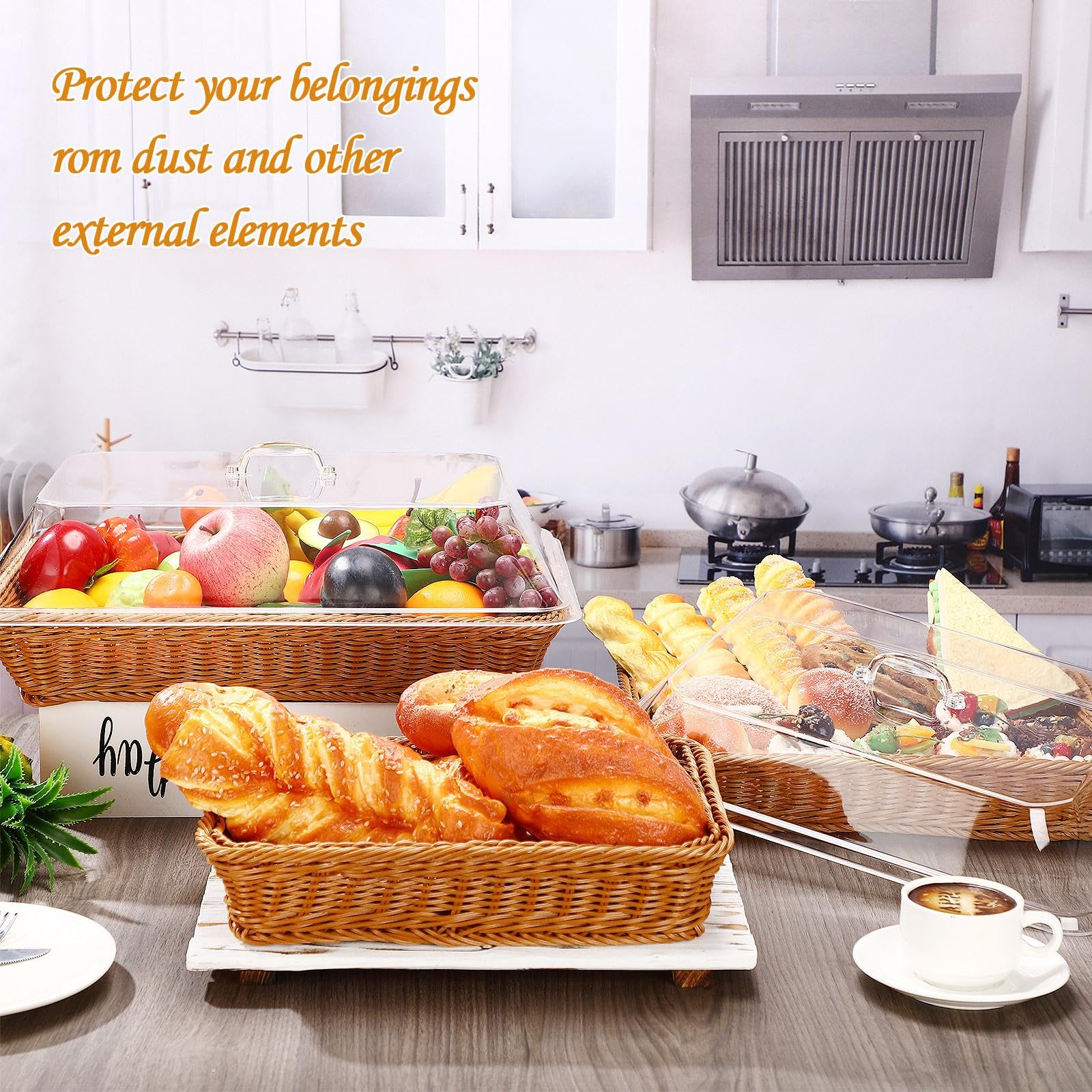Yungyan Confezione da 3 cestini per il pane in finto rattan, 3 dimensioni, per servire con coperchio in acrilico, cesto di frutta intrecciato con coperchio per alimenti e verdure, da cucina,