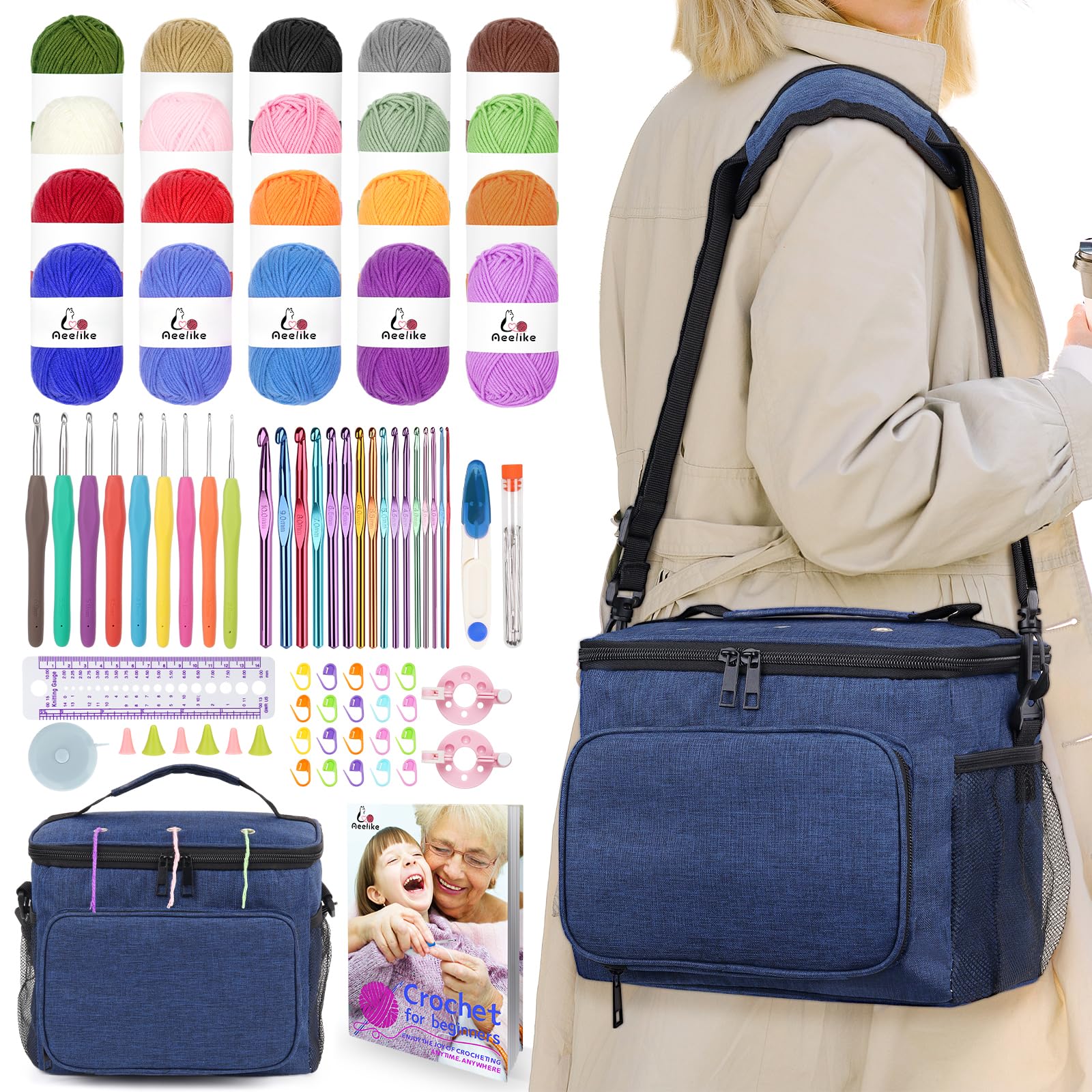 Aeelike Komplettes Anfänger-Set, 87-teilig, Häkelset für Anfänger und Erwachsene, marineblaue tragbare Garntasche, 23 Häkelnadeln, Garn 20 Farbknäuel, Anleitung und Häkelzubehör