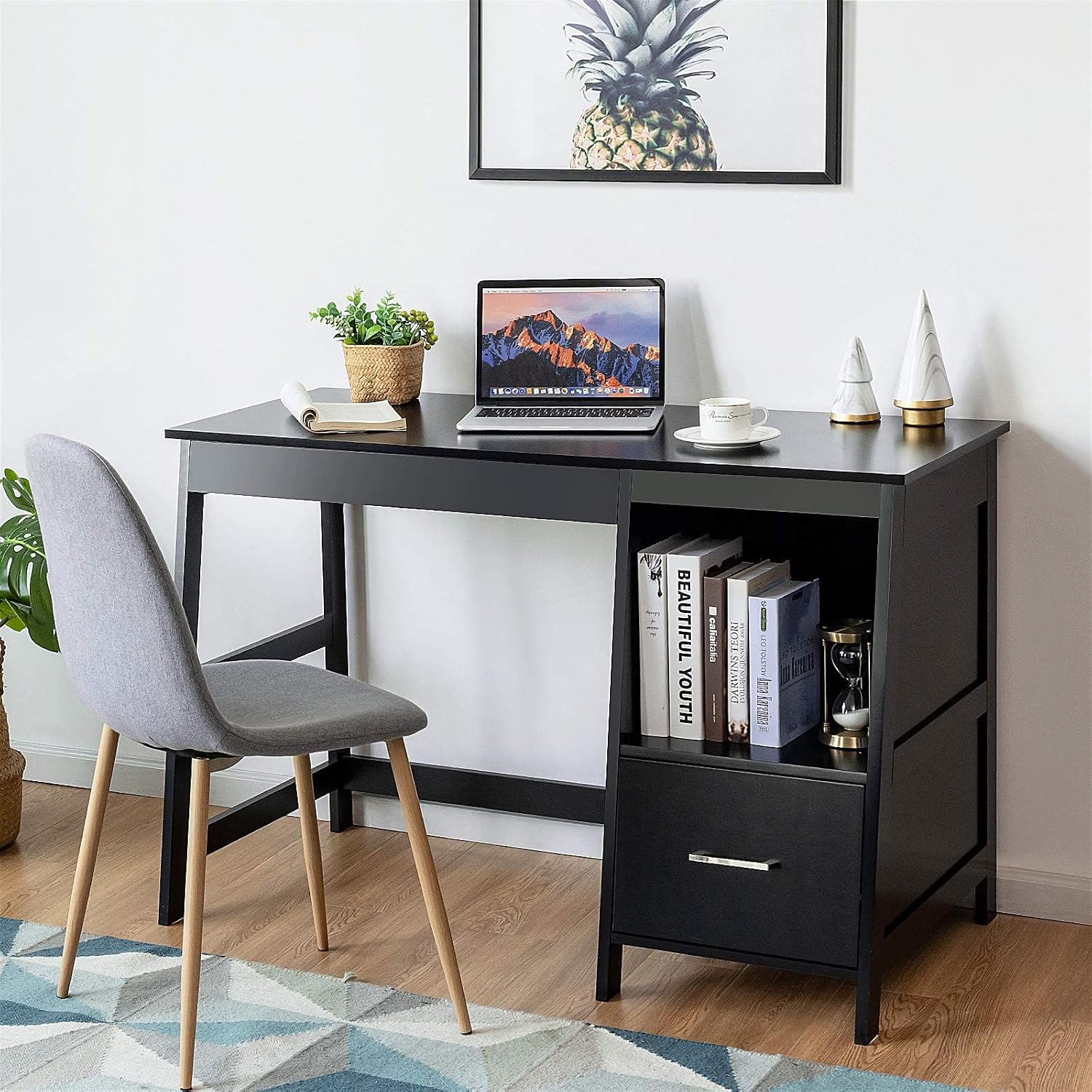 Tangkula 47.5” Computer Desk with 2 Storage Drawers, Small Computer Table Study Writing Desk, Modern Home Office Desk Study Desk with Storage Space (Black)